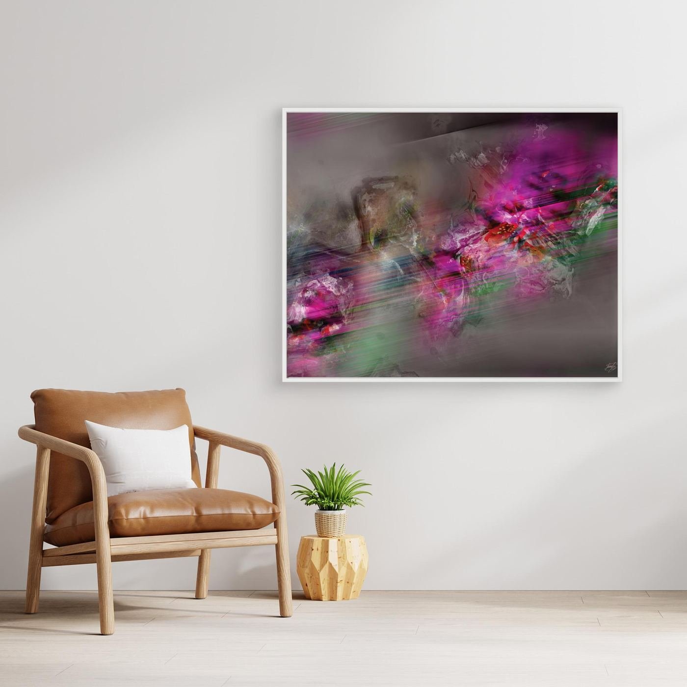 Dynamic digital art print featuring vibrant magenta and green streaks of motion contrasting against a smoky grey background, framed and ready to hang. With chair