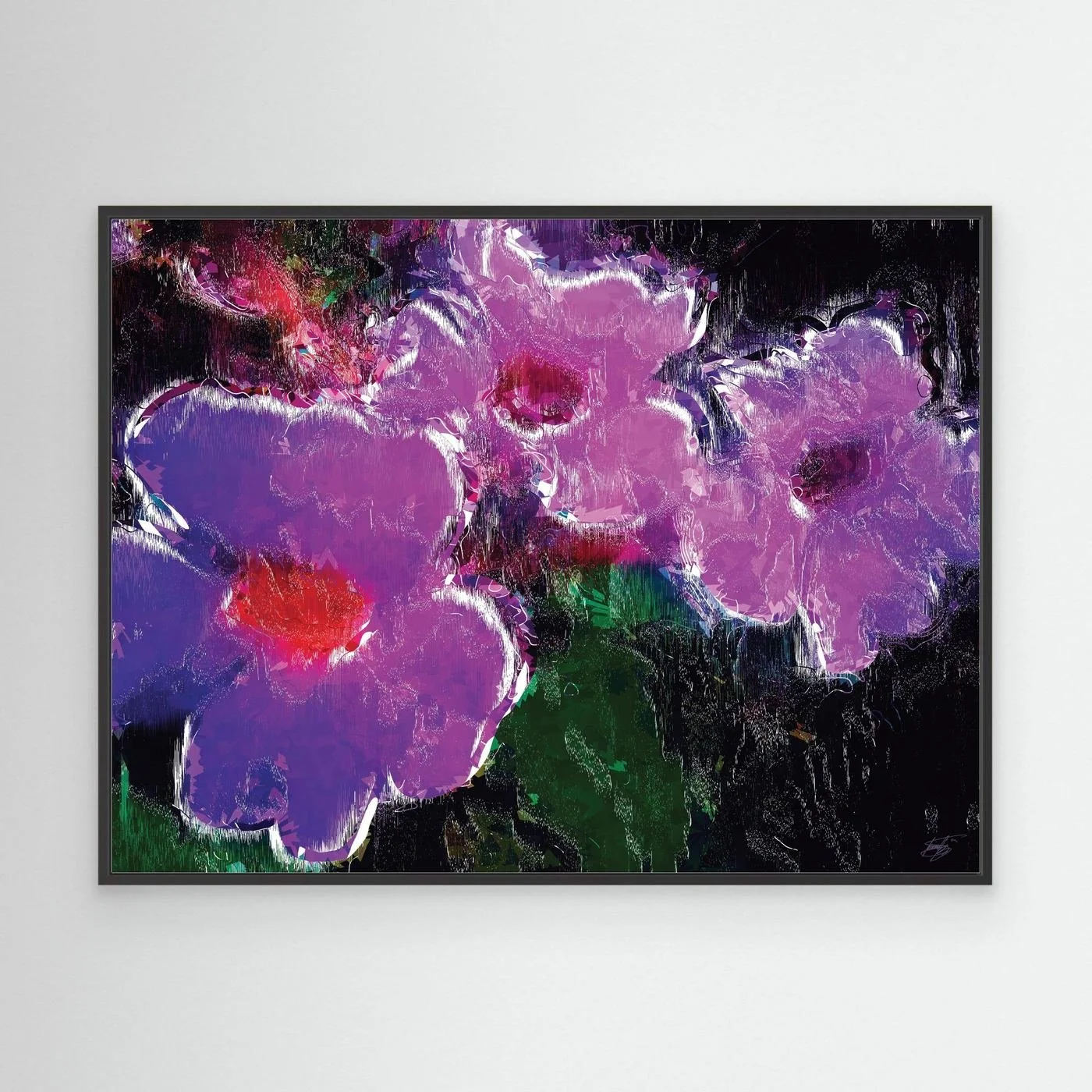 Abstract fine art print showcasing vibrant violet and lavender flowers with digital glitch textures against a dark moody background, framed and ready to hang. With black frame