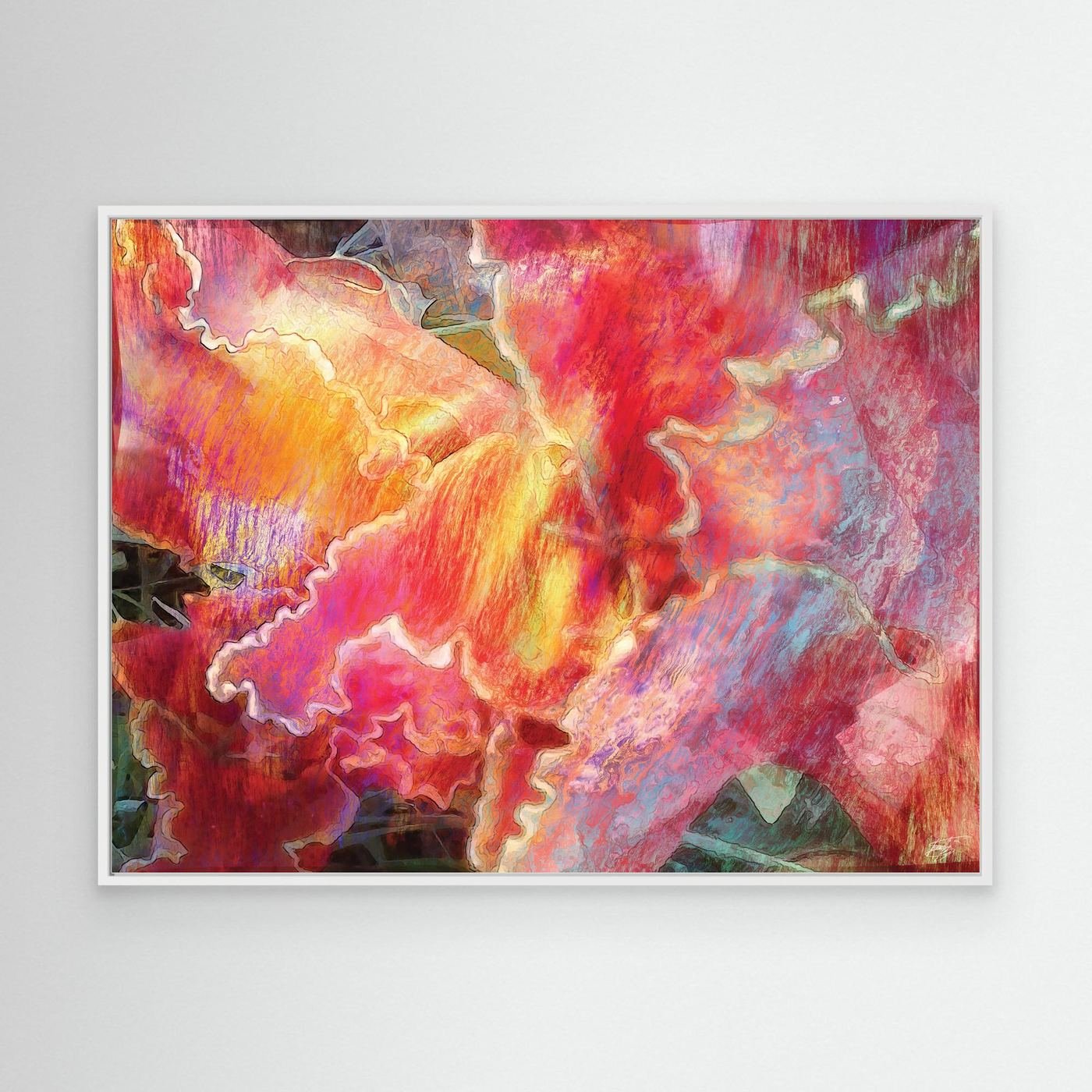 Abstract fine art print featuring fluid, textured wavy edges in vibrant coral pink, orange, and golden yellow with subtle hints of light blue, framed and ready to hang. With white frame