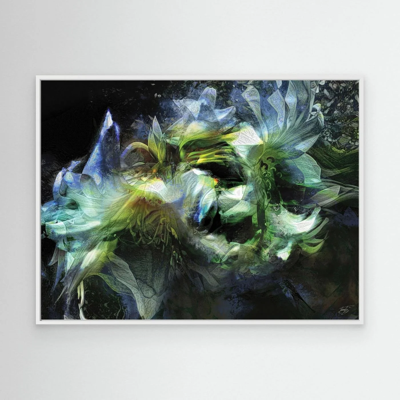 Abstract fine art print featuring ethereal lily flowers with intricate layered textures in green, teal, and blue tones against a dark background, framed and ready to hang. With white frame