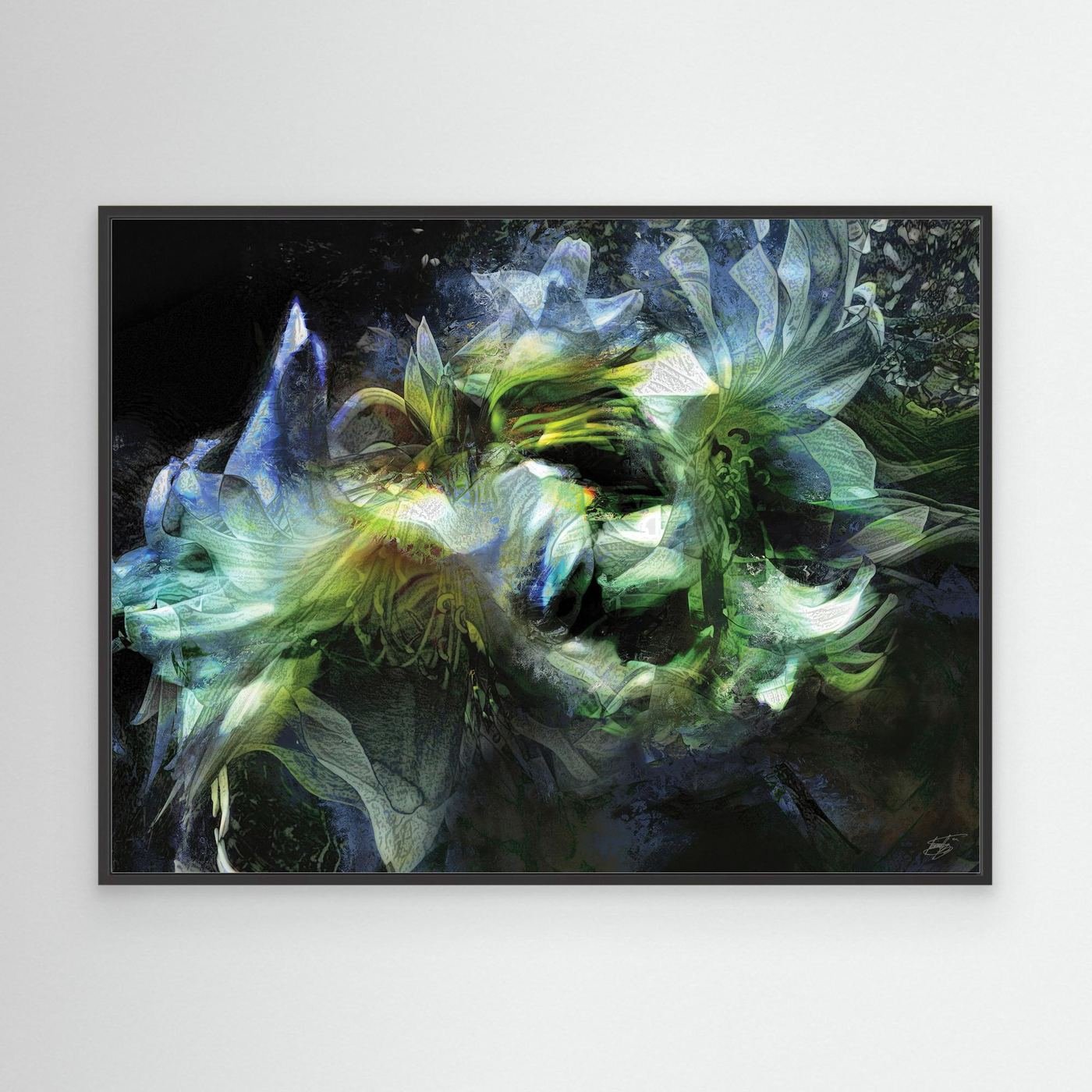 Abstract fine art print featuring ethereal lily flowers with intricate layered textures in green, teal, and blue tones against a dark background, framed and ready to hang. With black frame