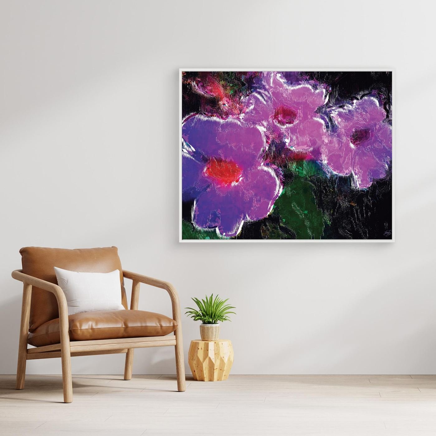 Abstract fine art print showcasing vibrant violet and lavender flowers with digital glitch textures against a dark moody background, framed and ready to hang. With chair