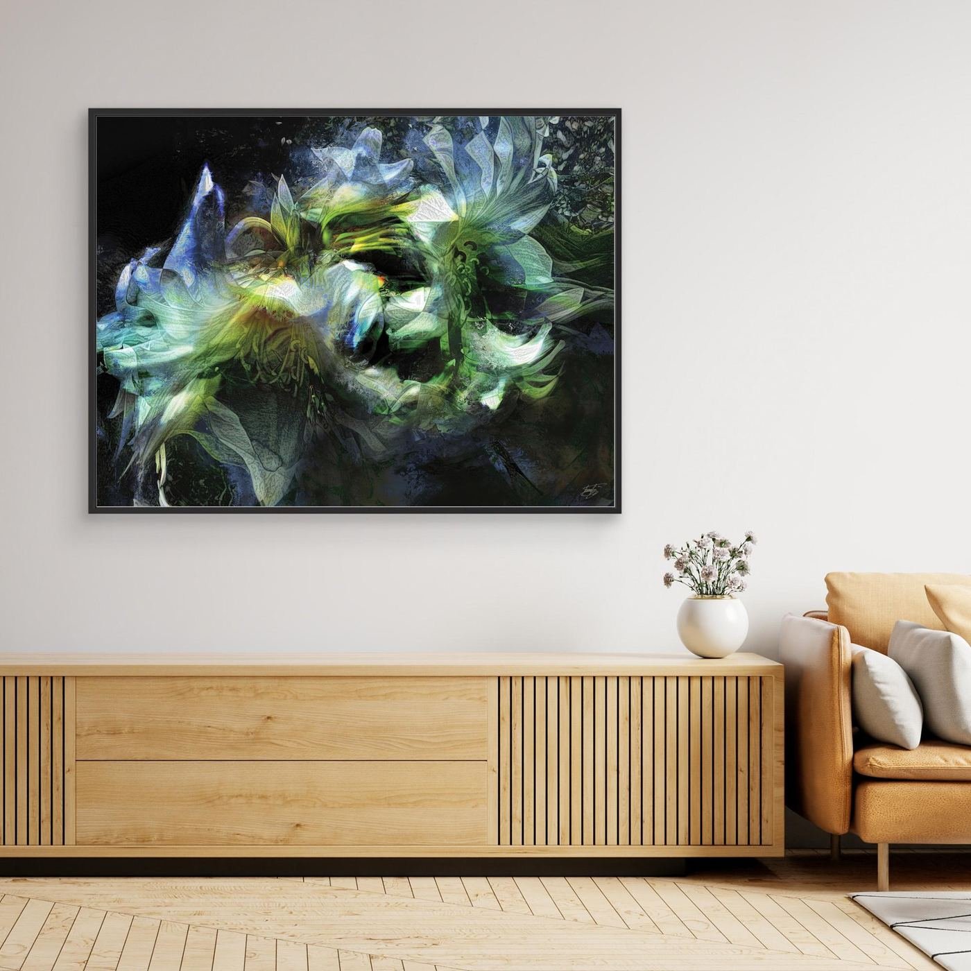 Abstract fine art print featuring ethereal lily flowers with intricate layered textures in green, teal, and blue tones against a dark background, framed and ready to hang. Over wooden console