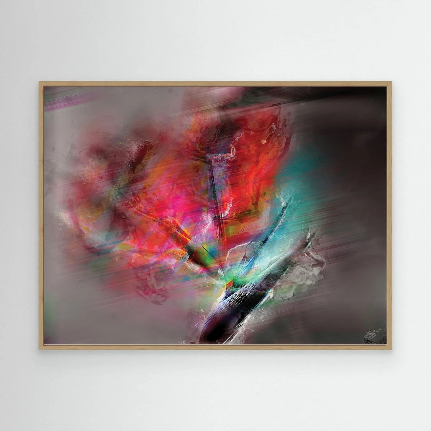 Dynamic fine art print featuring intense streaks of motion in vibrant red, magenta, and turquoise tones over a dark smoky gray background, framed and ready to hang. With wooden frame