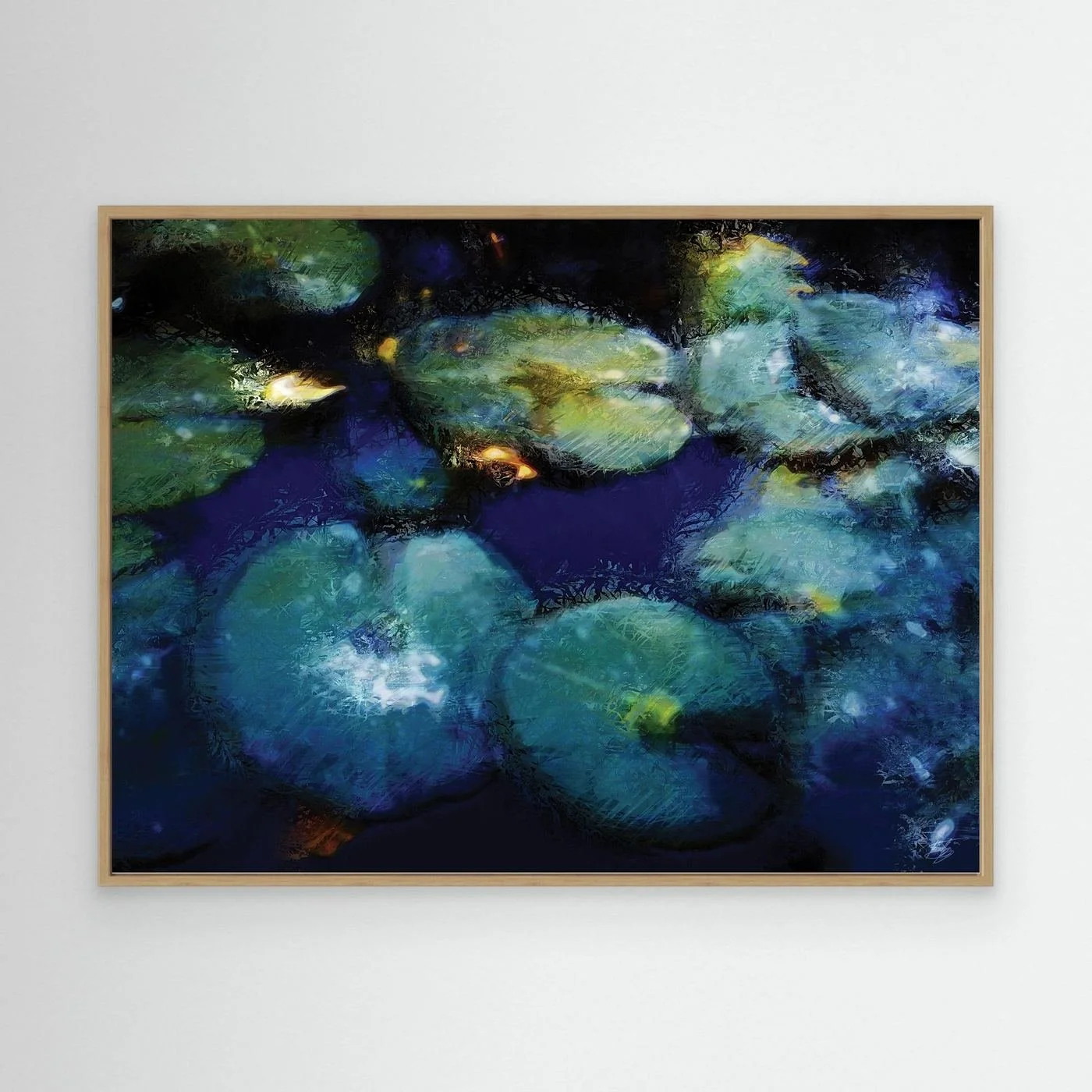 Abstract fine art print evoking a serene pond with lily pads in deep blue, teal, and green tones with impressionistic light textures, framed and ready to hang. With wooden frame