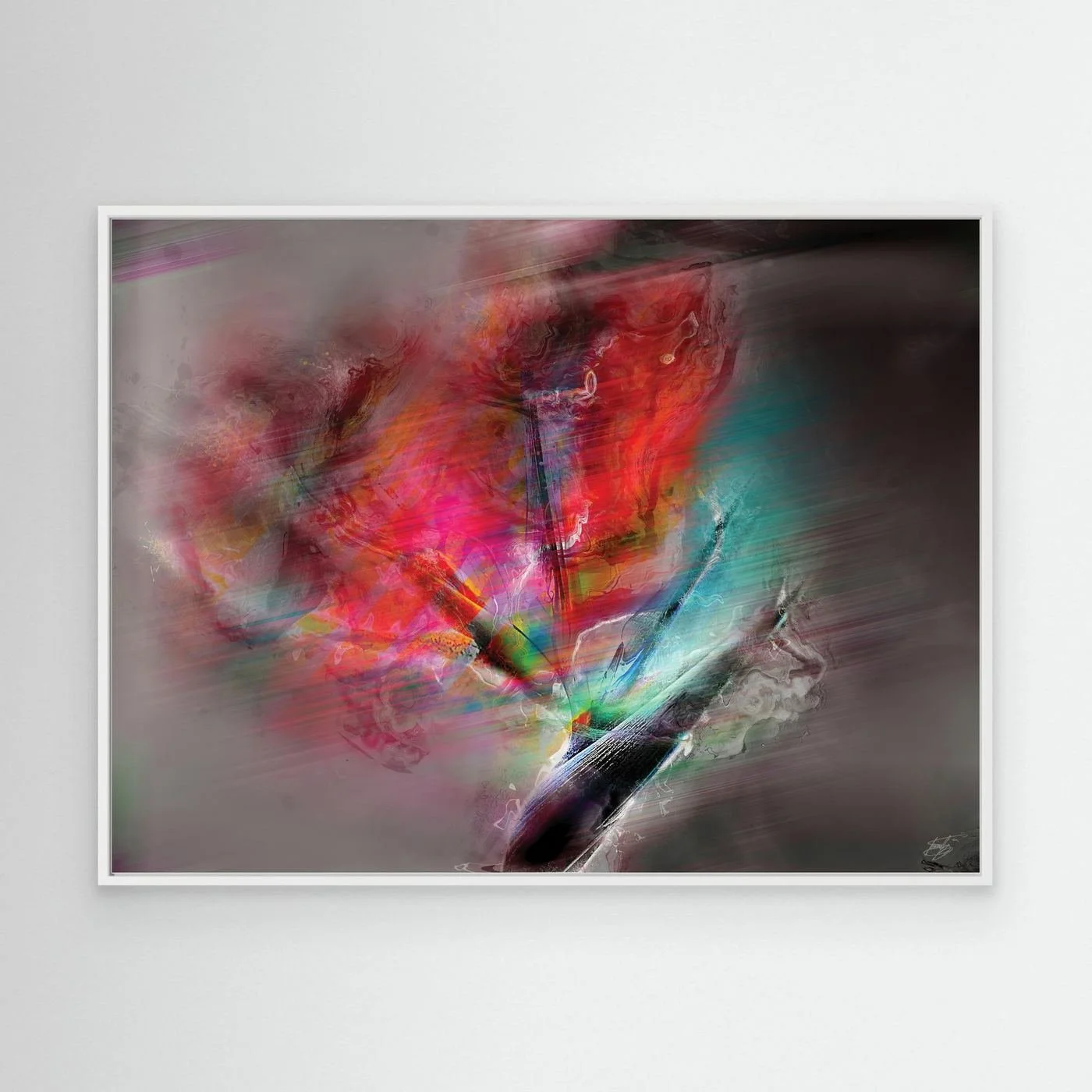 Dynamic fine art print featuring intense streaks of motion in vibrant red, magenta, and turquoise tones over a dark smoky gray background, framed and ready to hang. With white frame
