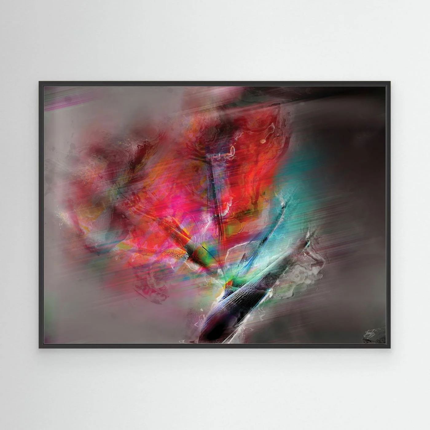 Dynamic fine art print featuring intense streaks of motion in vibrant red, magenta, and turquoise tones over a dark smoky gray background, framed and ready to hang. With black frame