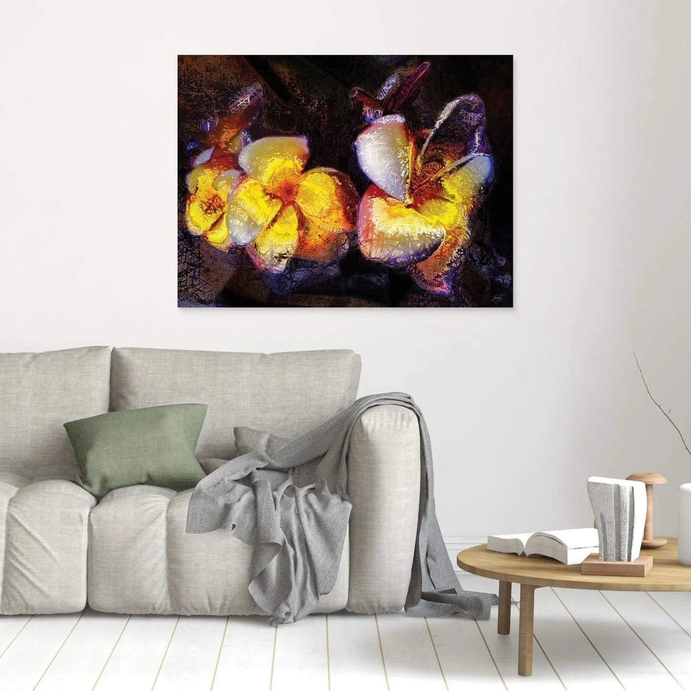 Abstract fine art print featuring textured glowing frangipani plumeria flowers in yellow and orange tones against a dark, moody background, framed and ready to hang. In living room