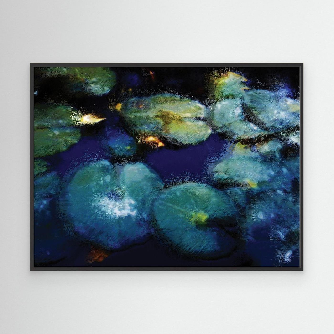 Abstract fine art print evoking a serene pond with lily pads in deep blue, teal, and green tones with impressionistic light textures, framed and ready to hang. With black frame