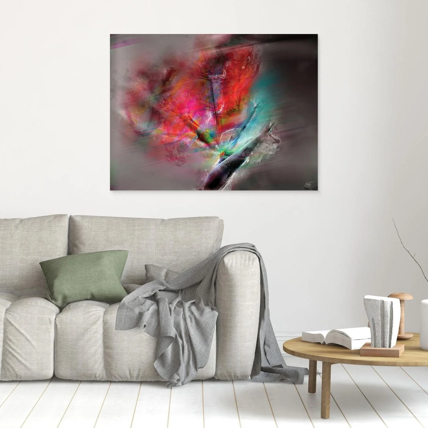 Dynamic fine art print featuring intense streaks of motion in vibrant red, magenta, and turquoise tones over a dark smoky gray background, framed and ready to hang. In living room