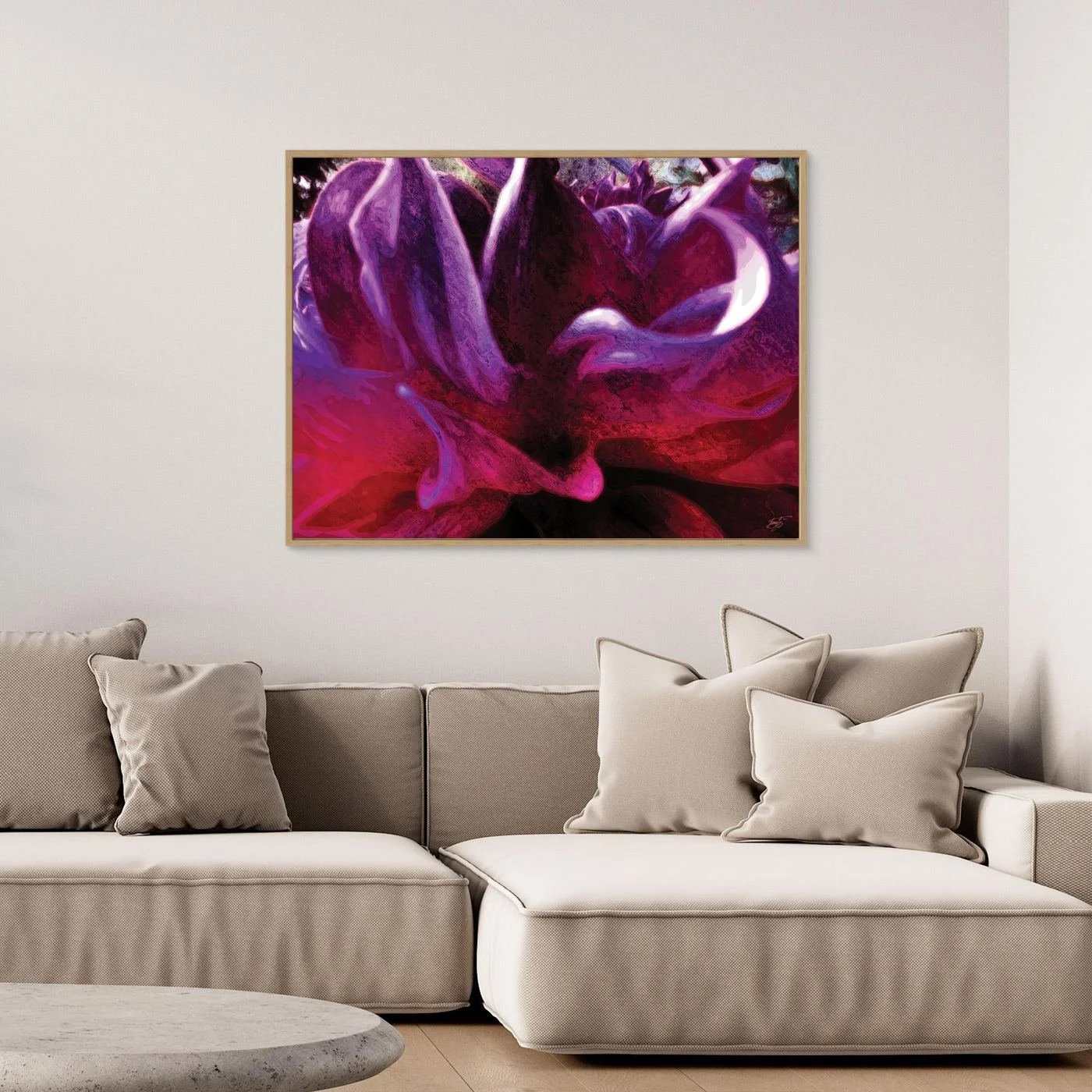 Abstract fine art print showcasing a close-up of dramatic fluid floral shapes and textures in rich purple, violet, and deep magenta tones, framed and ready to hang. Over grey couch