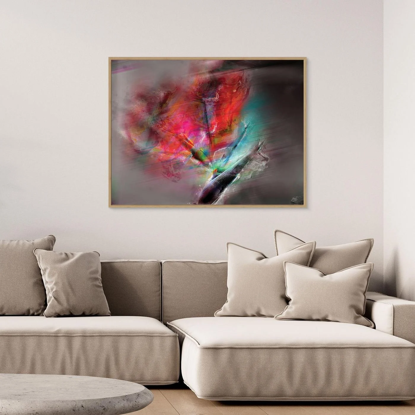 Dynamic fine art print featuring intense streaks of motion in vibrant red, magenta, and turquoise tones over a dark smoky gray background, framed and ready to hang. Over grey couch