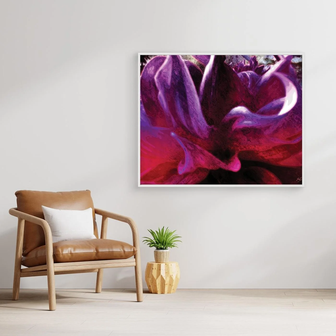 Abstract fine art print showcasing a close-up of dramatic fluid floral shapes and textures in rich purple, violet, and deep magenta tones, framed and ready to hang. With chair