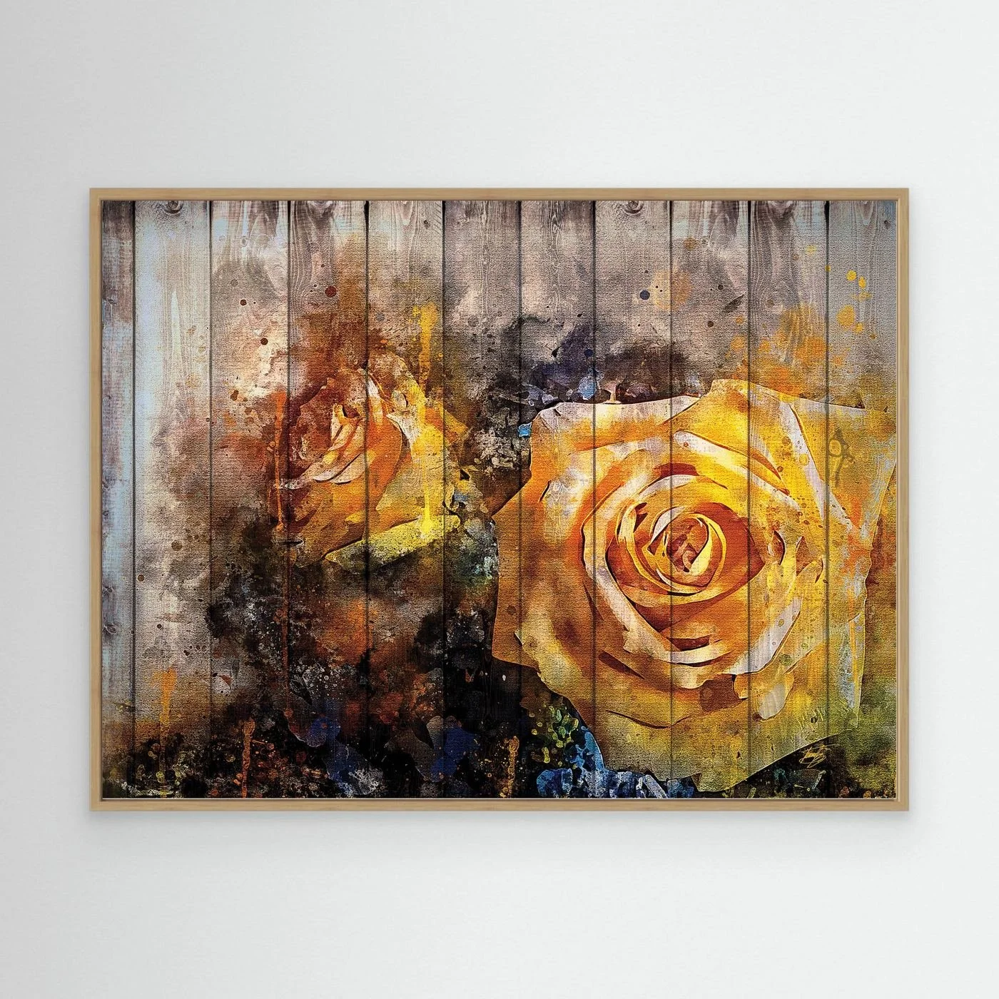 Vintage-style fine art print featuring an abstract yellow rose in watercolor splatters overlaid on a rustic wooden plank texture background, framed and ready to hang. With wooden frame