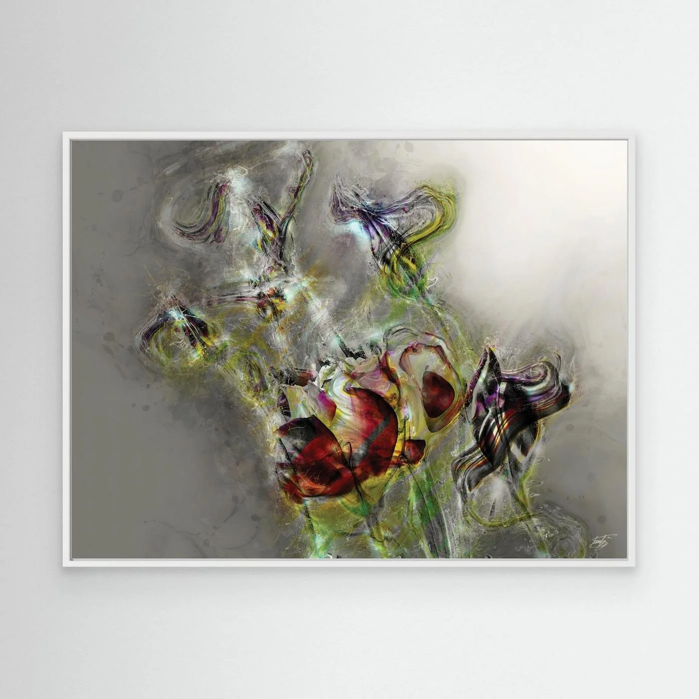 Ethereal abstract fine art print featuring highly textured glowing floral shapes in deep red and green tones against a soft grey background, framed and ready to hang. With white frame