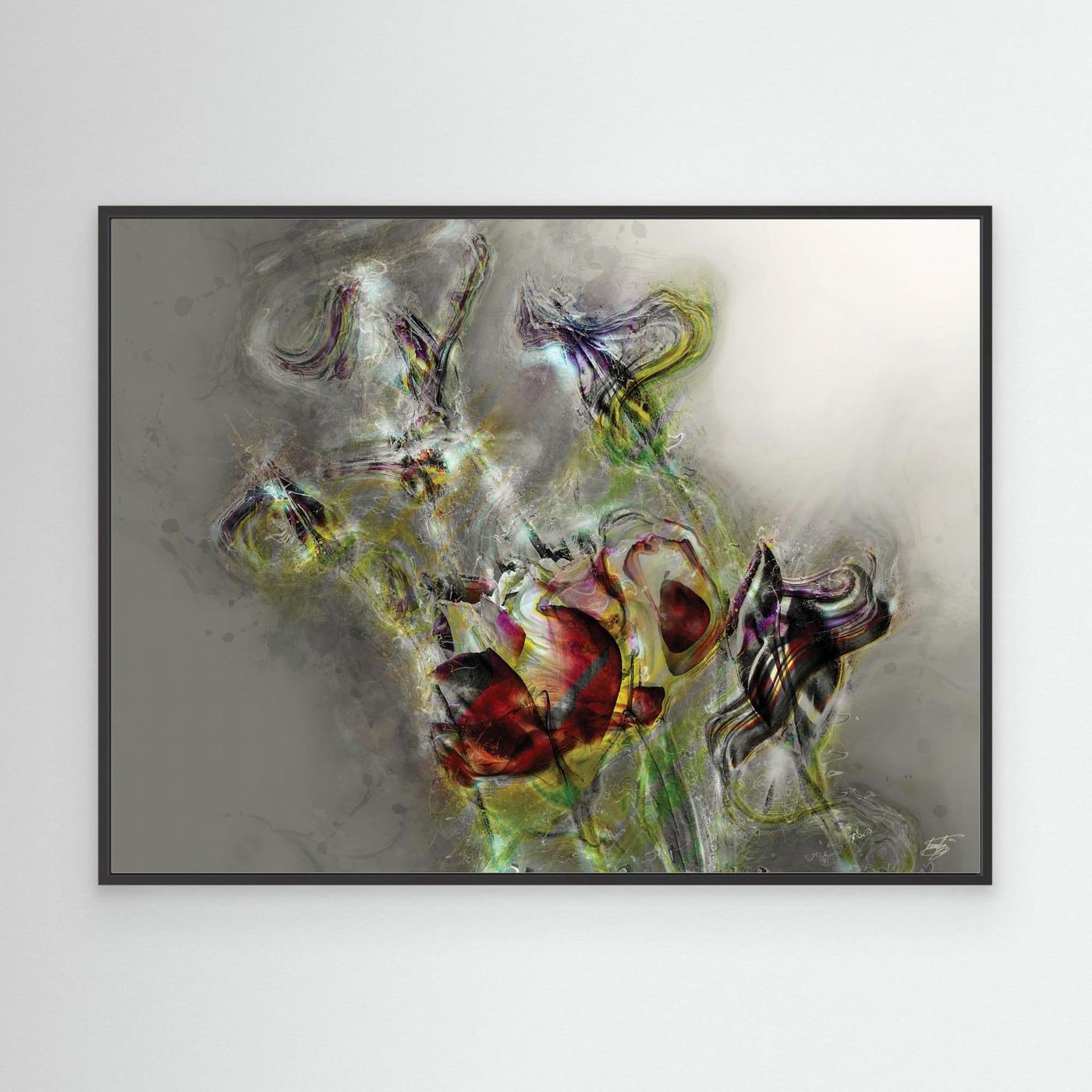 Ethereal abstract fine art print featuring highly textured glowing floral shapes in deep red and green tones against a soft grey background, framed and ready to hang. With black frame