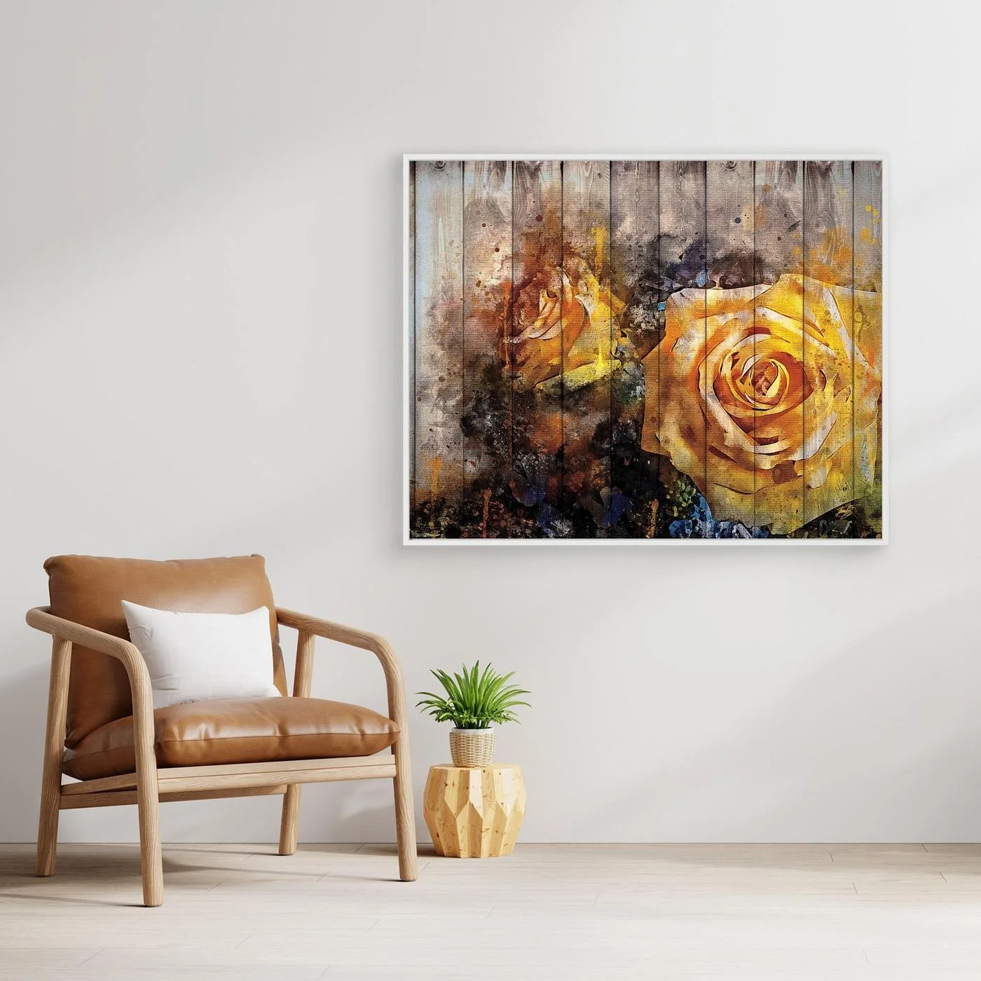 Vintage-style fine art print featuring an abstract yellow rose in watercolor splatters overlaid on a rustic wooden plank texture background, framed and ready to hang. With chair