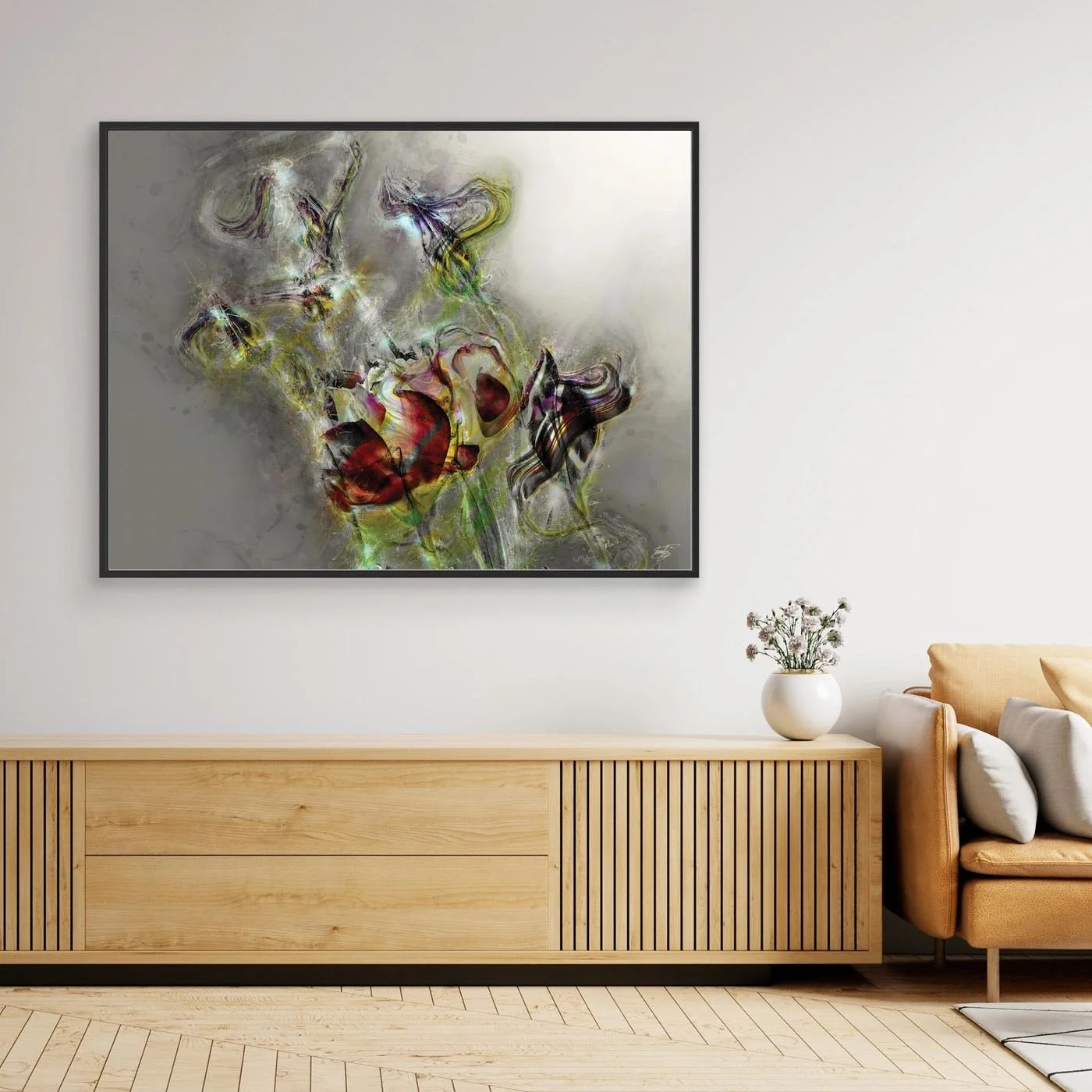 Ethereal abstract fine art print featuring highly textured glowing floral shapes in deep red and green tones against a soft grey background, framed and ready to hang. Over wooden console