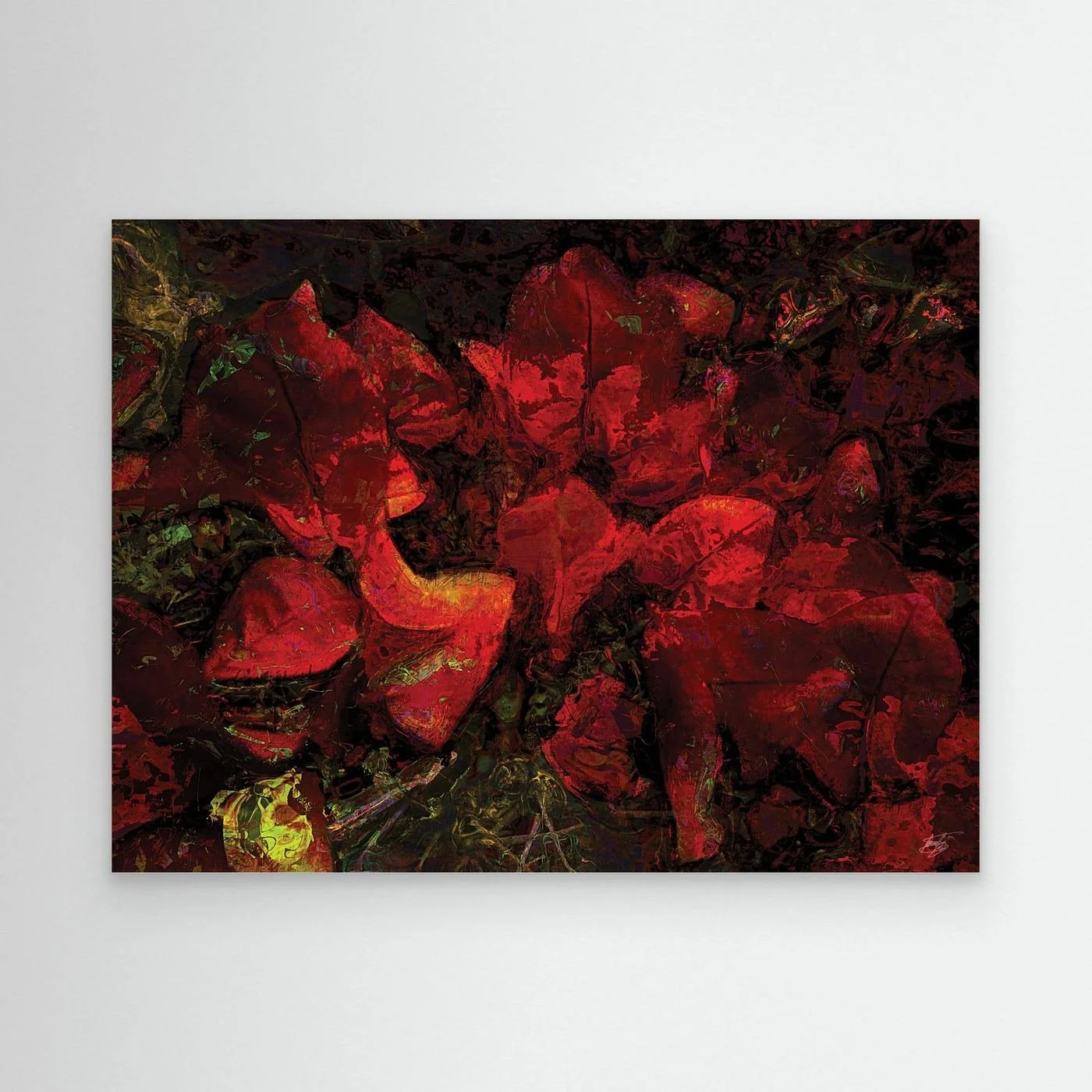 Dark abstract fine art print showcasing a dense, moody floral pattern in deep crimson red and burgundy tones against a textured black background, framed and ready to hang.