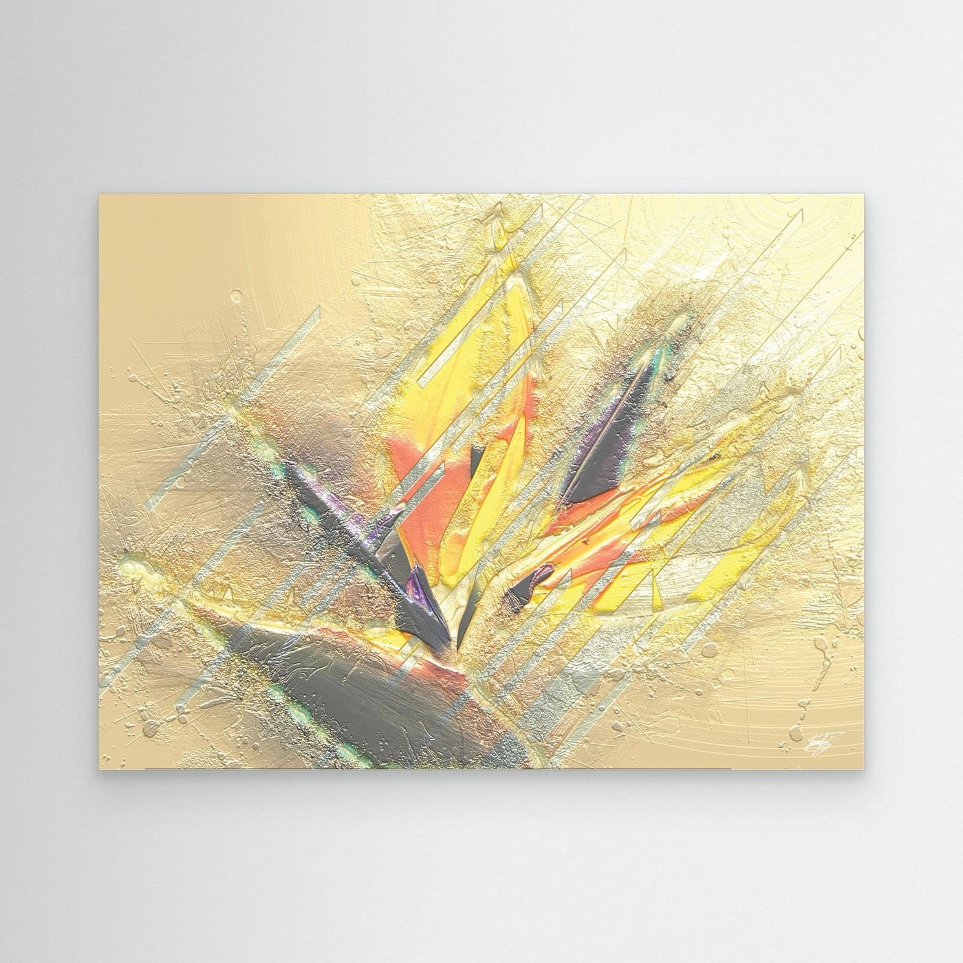 Minimalist digital art print showcasing sharp geometric shapes and textured brushstrokes in bright gold, yellow, and beige tones, framed and ready to hang.