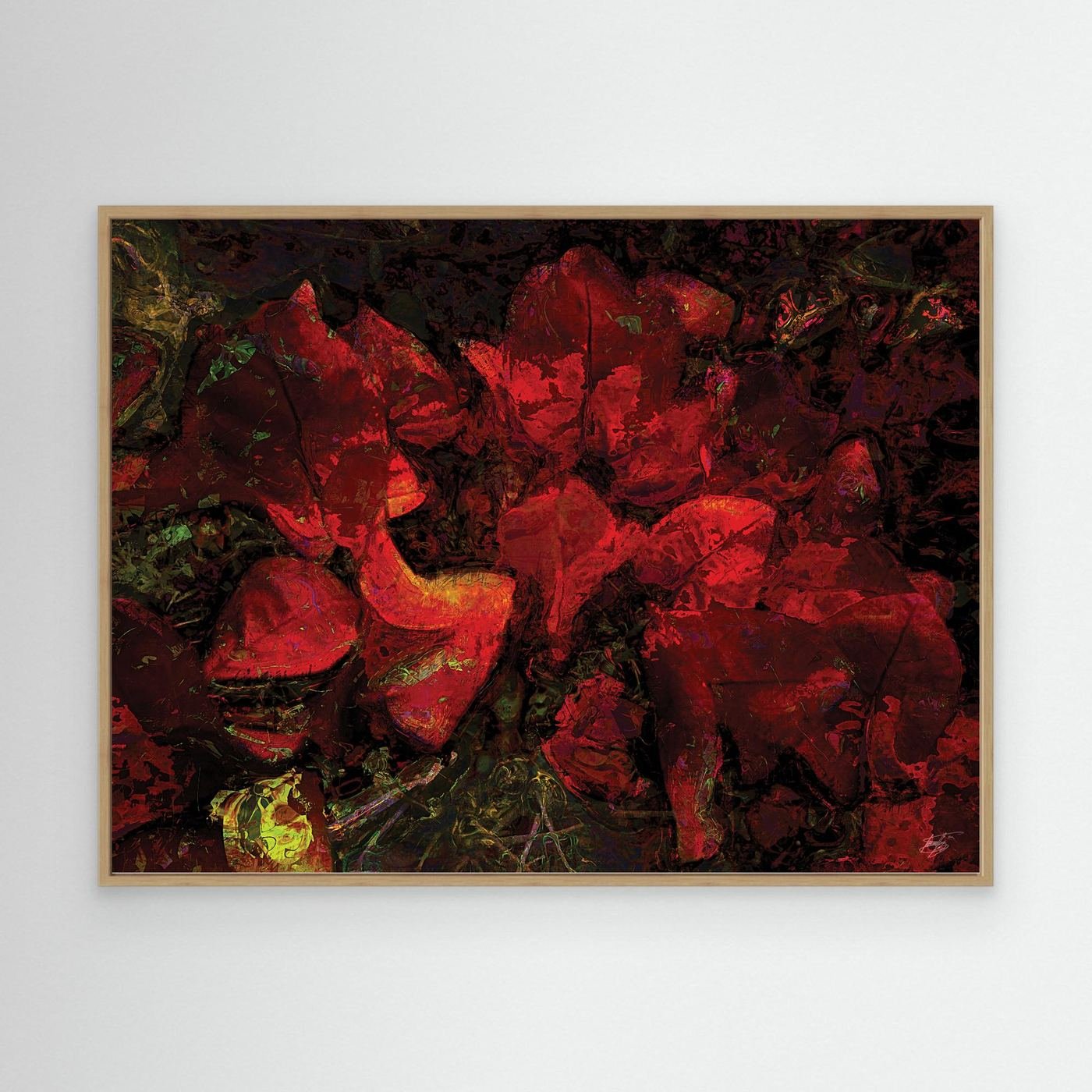 Dark abstract fine art print showcasing a dense, moody floral pattern in deep crimson red and burgundy tones against a textured black background, framed and ready to hang. With wooden frame