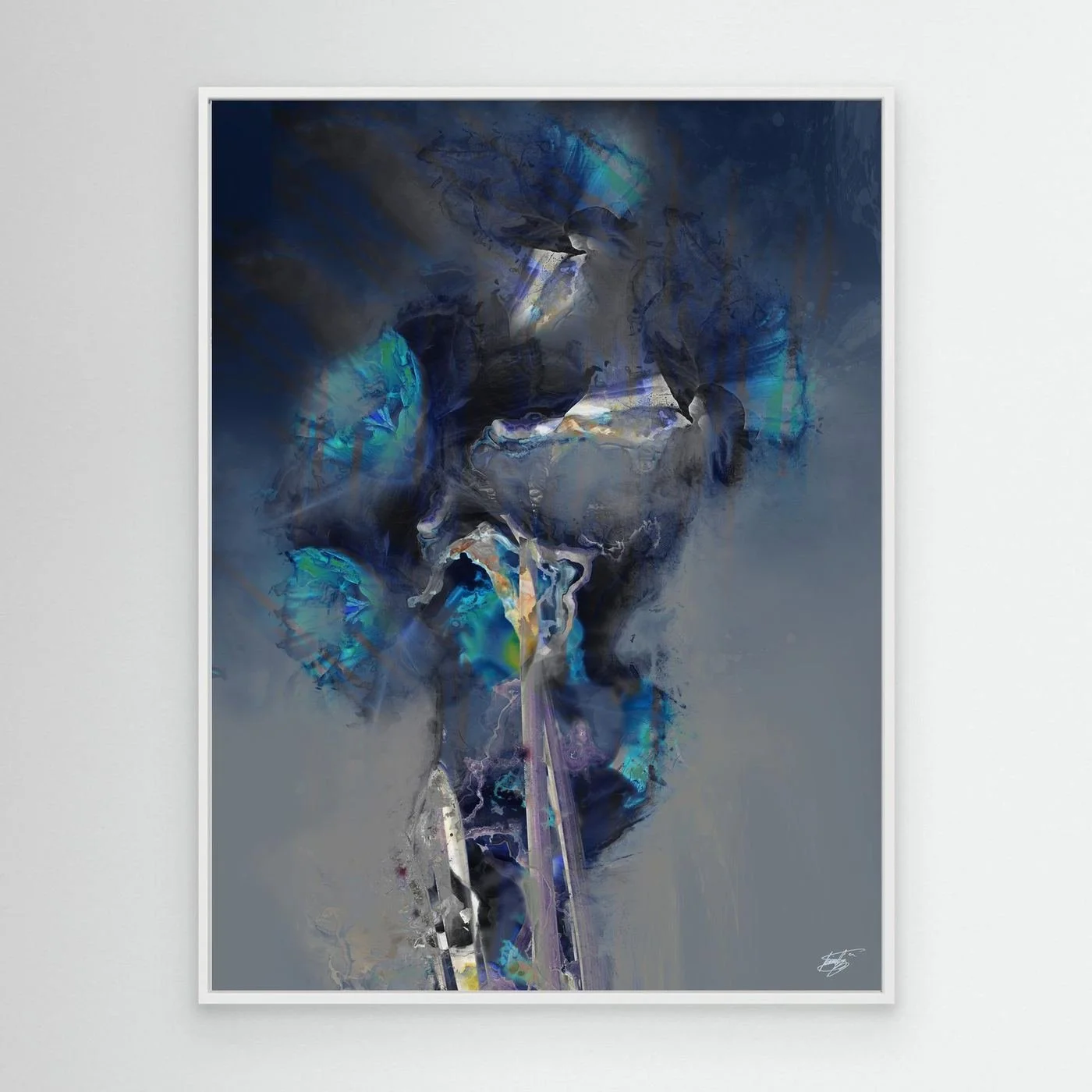 Moody abstract fine art print showcasing ethereal translucent flowers in deep navy blue, teal, and glowing turquoise tones over a smoky gray background, framed and ready to hang. With white frame