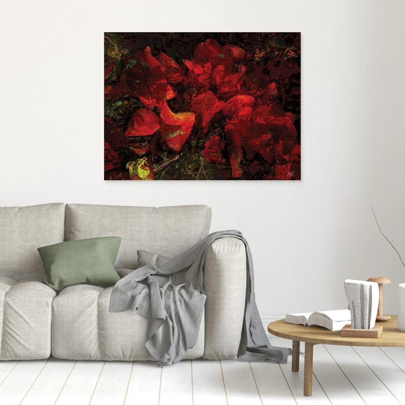 Dark abstract fine art print showcasing a dense, moody floral pattern in deep crimson red and burgundy tones against a textured black background, framed and ready to hang. In living room