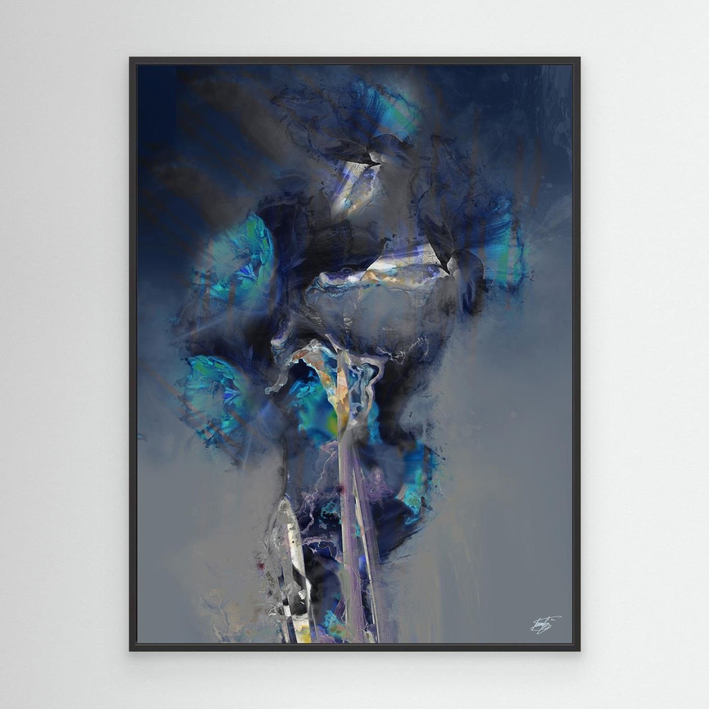Moody abstract fine art print showcasing ethereal translucent flowers in deep navy blue, teal, and glowing turquoise tones over a smoky gray background, framed and ready to hang. With black frame