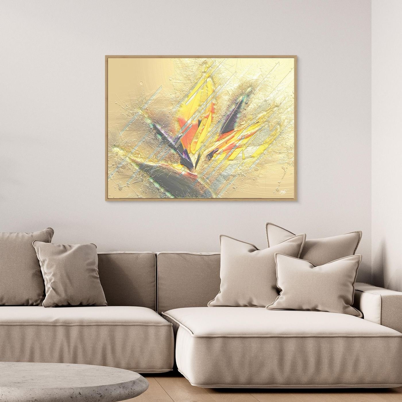 Minimalist digital art print showcasing sharp geometric shapes and textured brushstrokes in bright gold, yellow, and beige tones, framed and ready to hang. Over grey couch