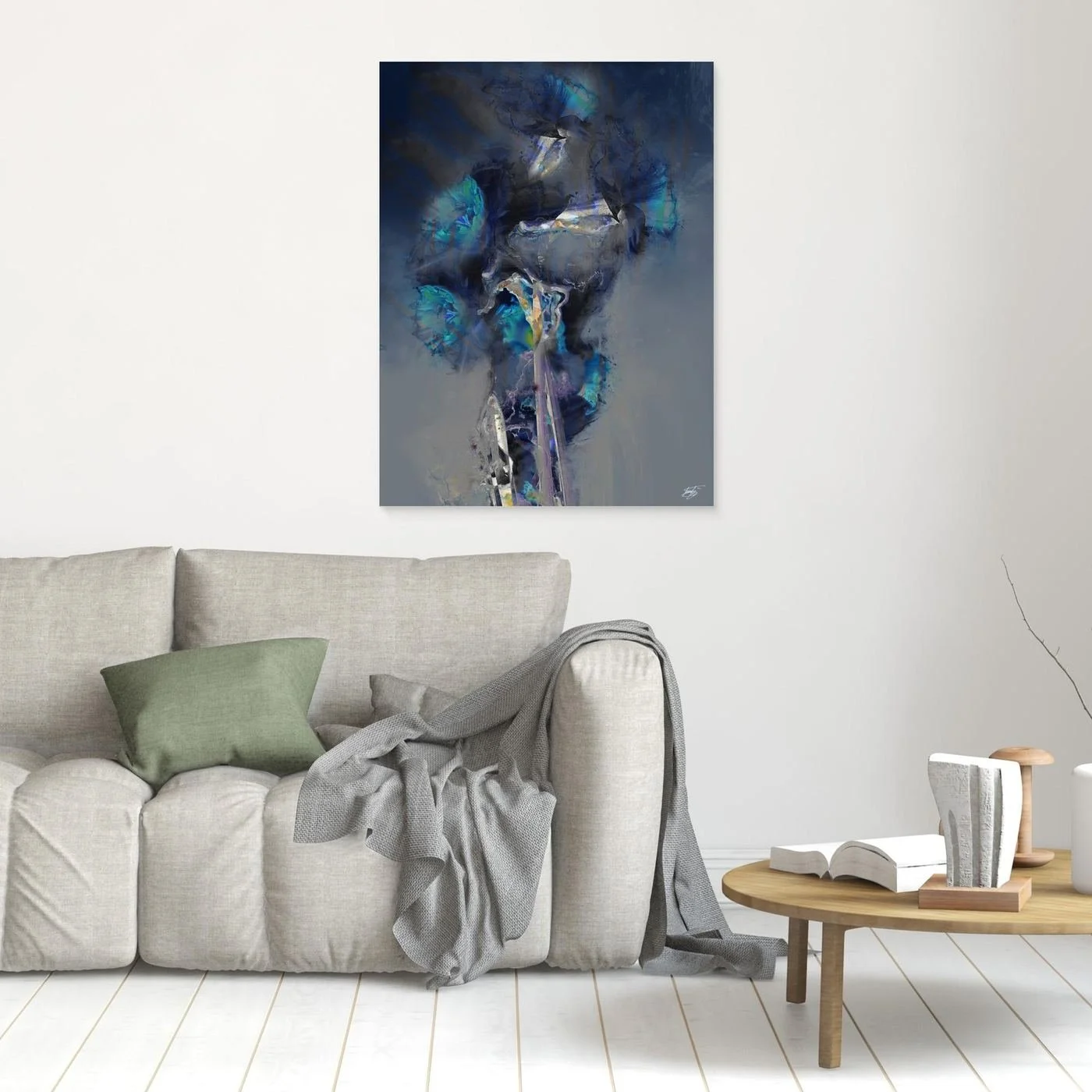 Moody abstract fine art print showcasing ethereal translucent flowers in deep navy blue, teal, and glowing turquoise tones over a smoky gray background, framed and ready to hang. In living room