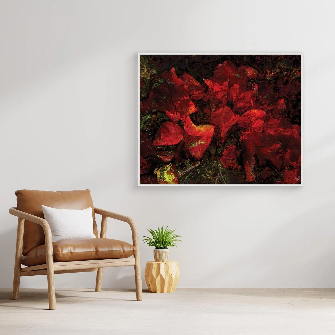 Dark abstract fine art print showcasing a dense, moody floral pattern in deep crimson red and burgundy tones against a textured black background, framed and ready to hang. With chair