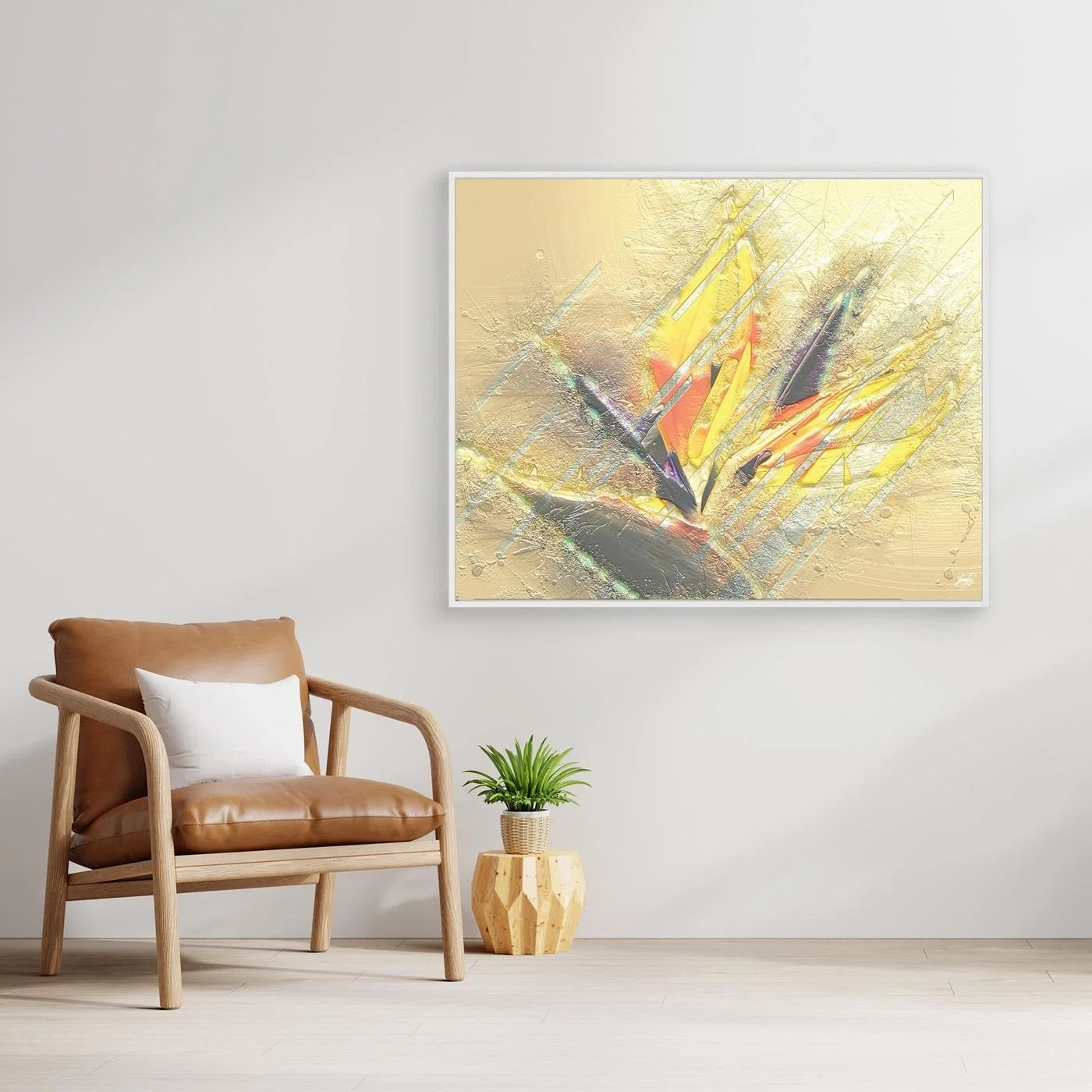 Minimalist digital art print showcasing sharp geometric shapes and textured brushstrokes in bright gold, yellow, and beige tones, framed and ready to hang. With chair