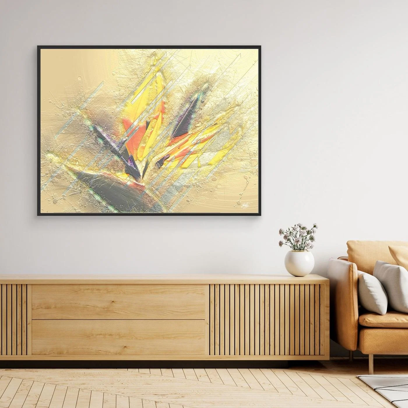 Minimalist digital art print showcasing sharp geometric shapes and textured brushstrokes in bright gold, yellow, and beige tones, framed and ready to hang. Over wooden console