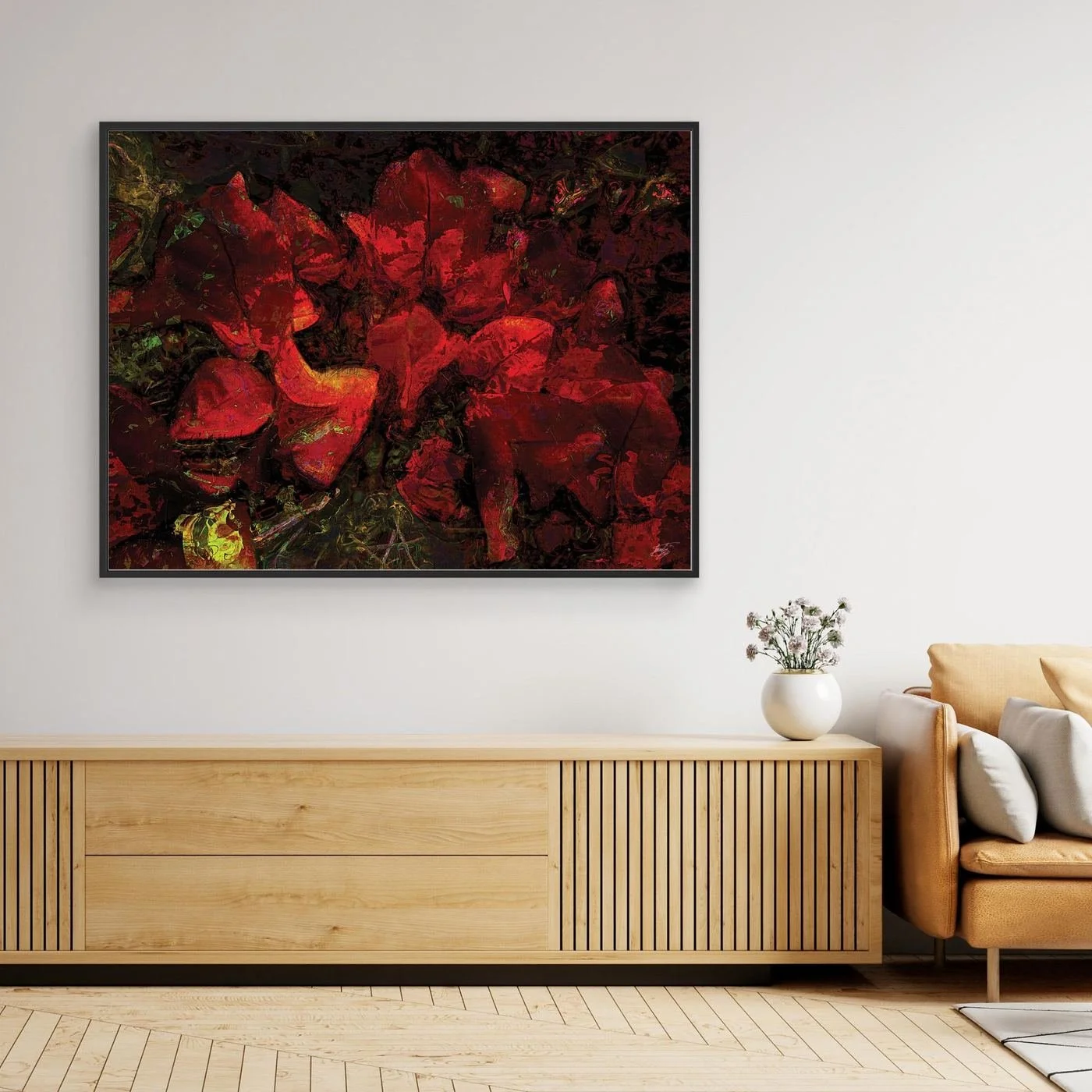 Dark abstract fine art print showcasing a dense, moody floral pattern in deep crimson red and burgundy tones against a textured black background, framed and ready to hang. Over wooden console