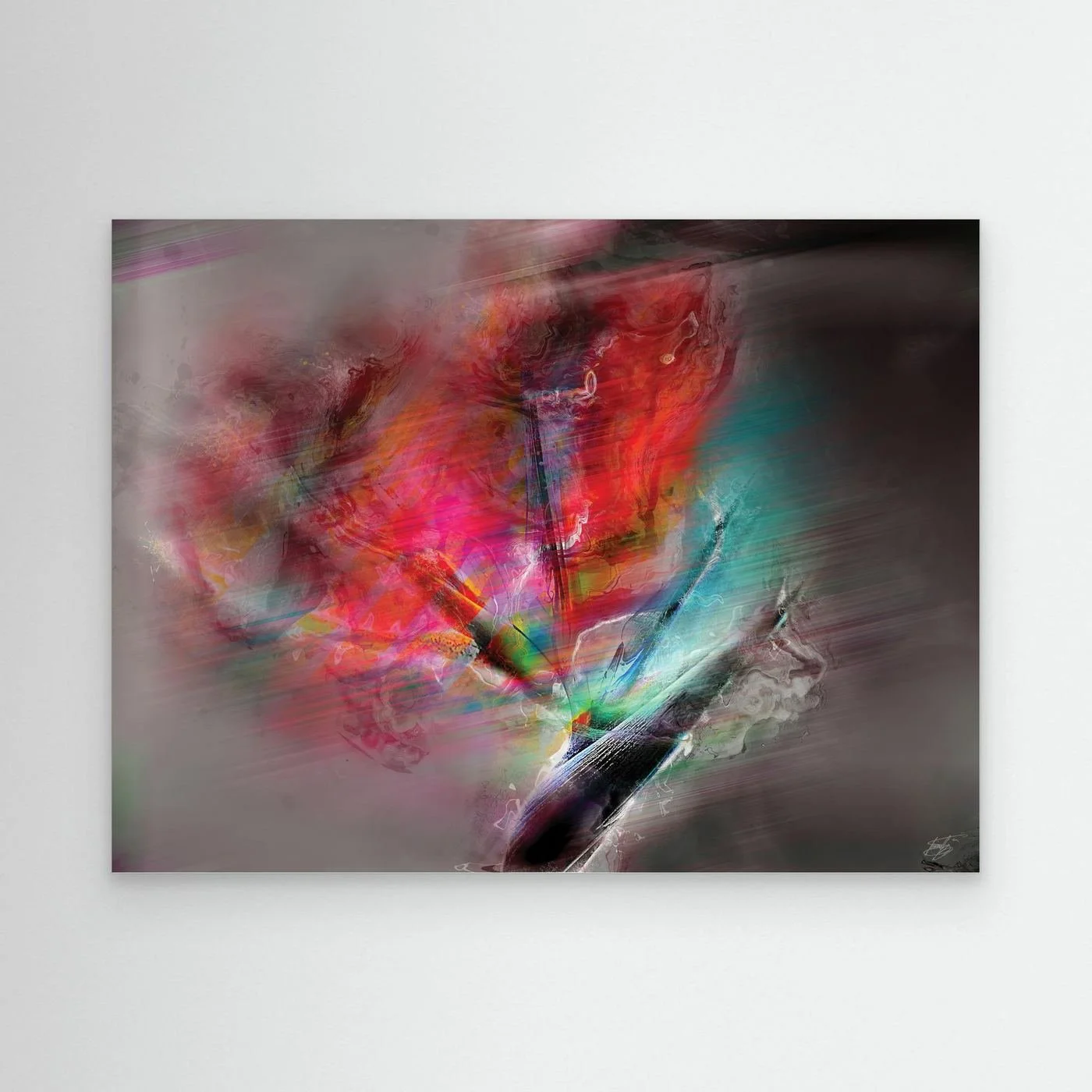 Dynamic fine art print featuring intense streaks of motion in vibrant red, magenta, and turquoise tones over a dark smoky gray background, framed and ready to hang.