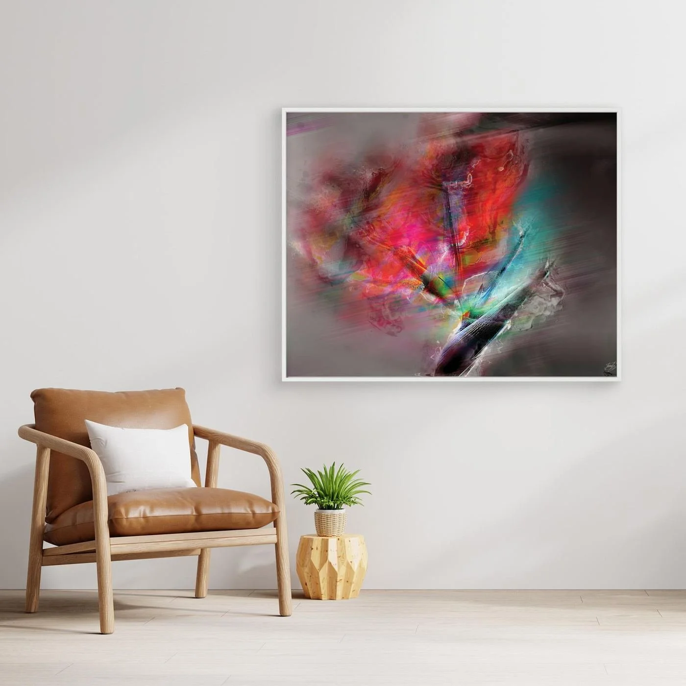 Dynamic fine art print featuring intense streaks of motion in vibrant red, magenta, and turquoise tones over a dark smoky gray background, framed and ready to hang. With chair