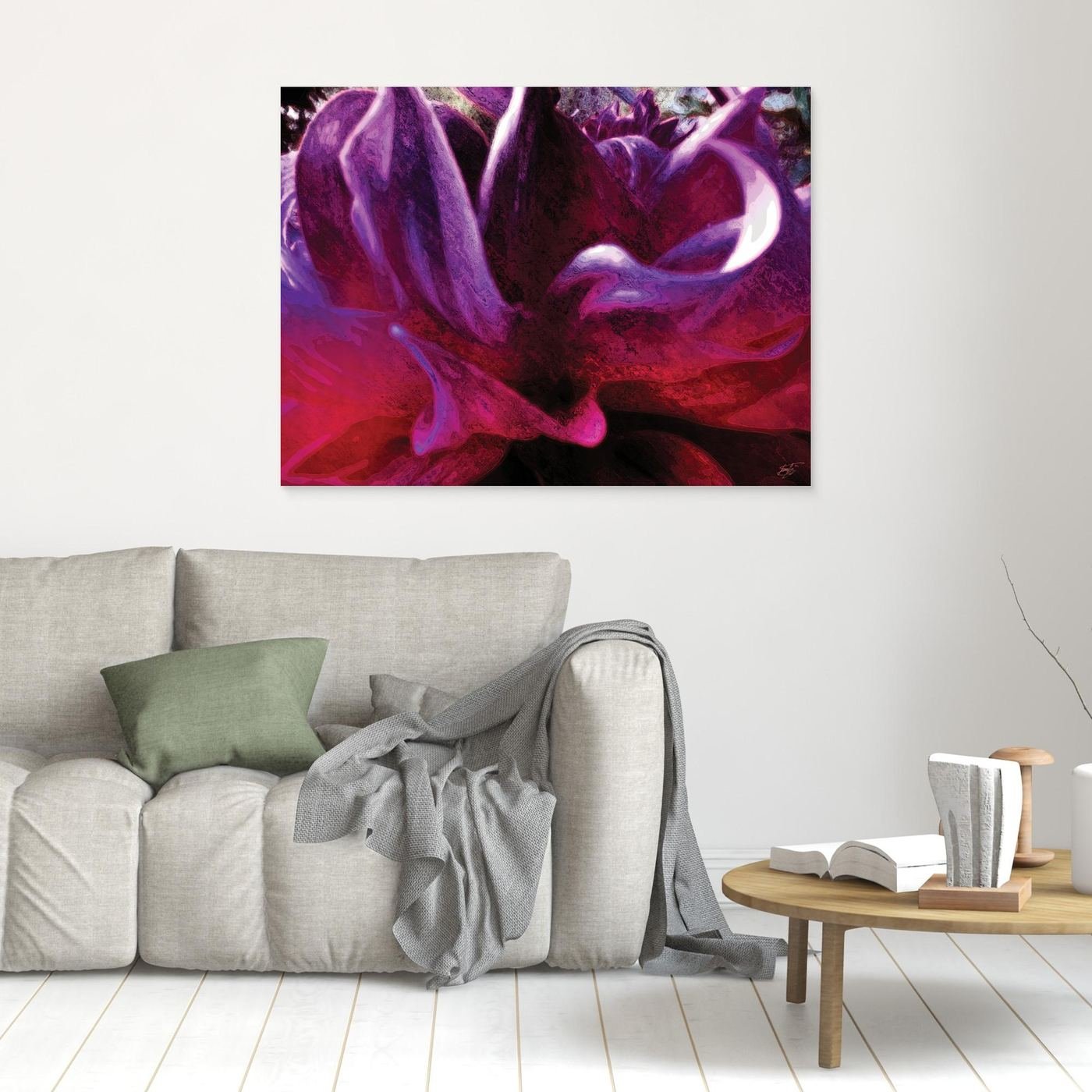 Abstract fine art print showcasing a close-up of dramatic fluid floral shapes and textures in rich purple, violet, and deep magenta tones, framed and ready to hang. In living room
