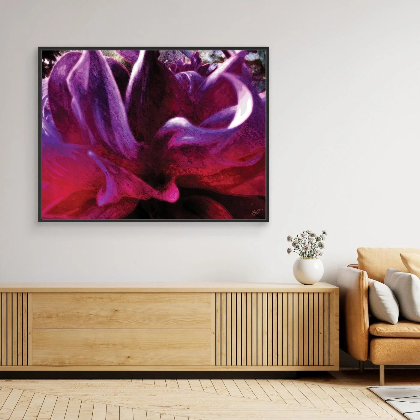 Abstract fine art print showcasing a close-up of dramatic fluid floral shapes and textures in rich purple, violet, and deep magenta tones, framed and ready to hang. Over wooden console