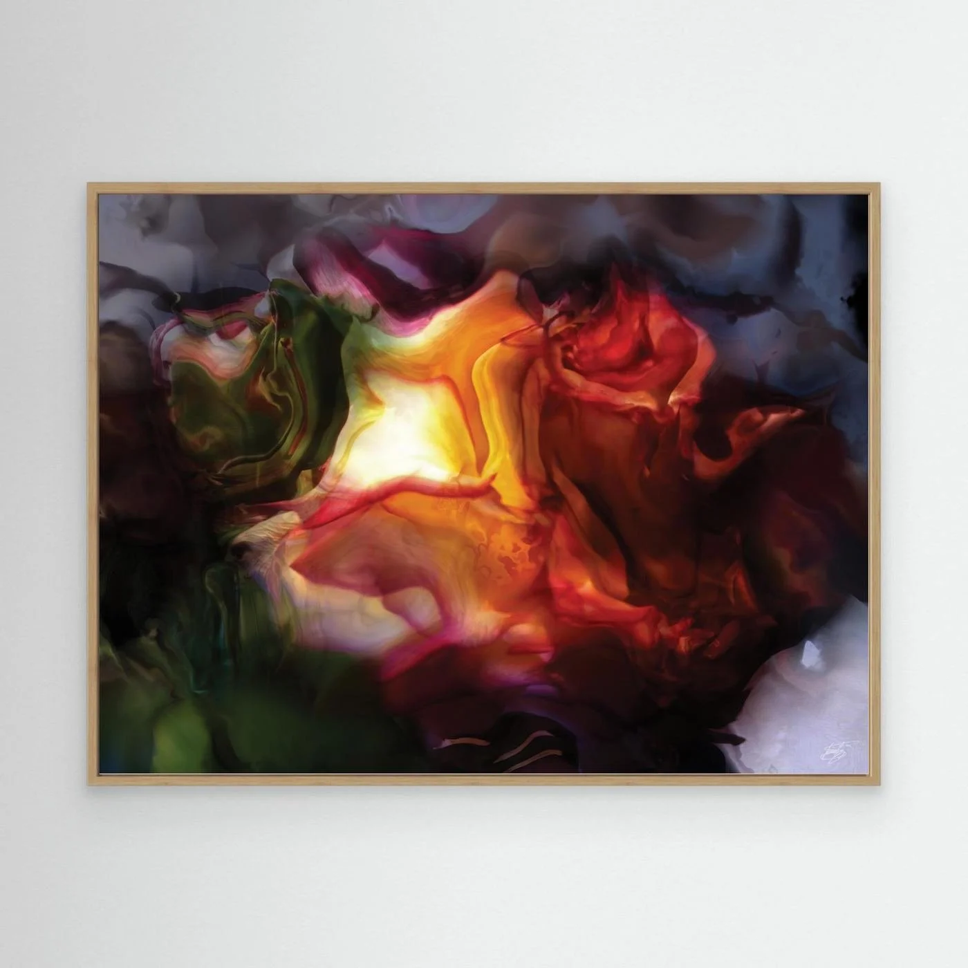 Moody abstract fine art print with a glowing translucent floral shape in fiery orange, deep red, and dark green tones surrounded by smoky textures, framed and ready to hang. With wooden frame