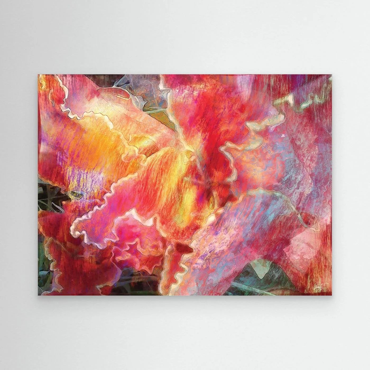 Abstract fine art print featuring fluid, textured wavy edges in vibrant coral pink, orange, and golden yellow with subtle hints of light blue, framed and ready to hang.