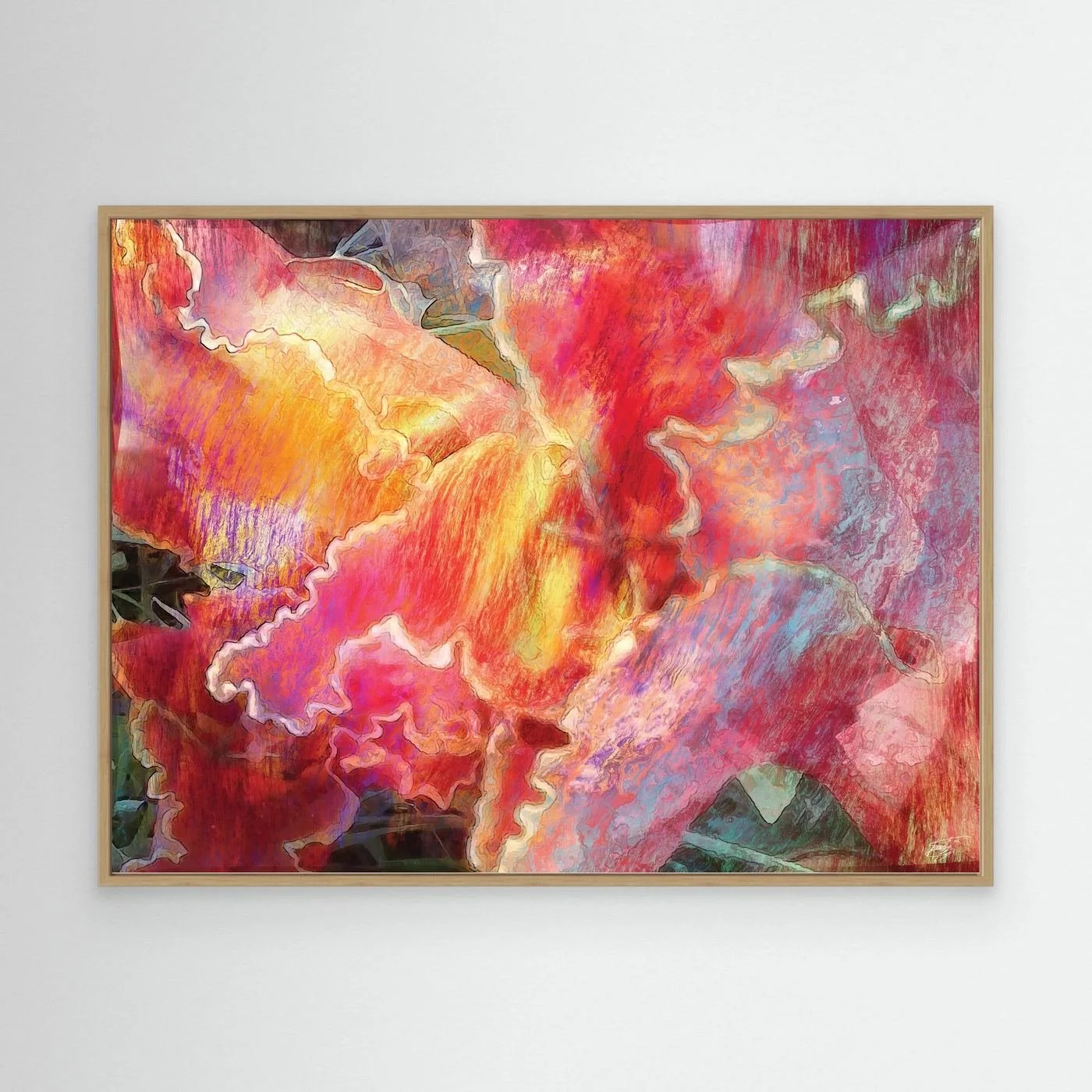 Abstract fine art print featuring fluid, textured wavy edges in vibrant coral pink, orange, and golden yellow with subtle hints of light blue, framed and ready to hang. With wooden frame