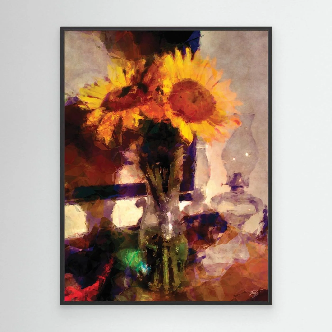 Fine art print depicting a rustic still life with vibrant yellow sunflowers in a vase next to a vintage glass kerosene lamp, featuring rich textures and warm orange and brown tones. With black frame