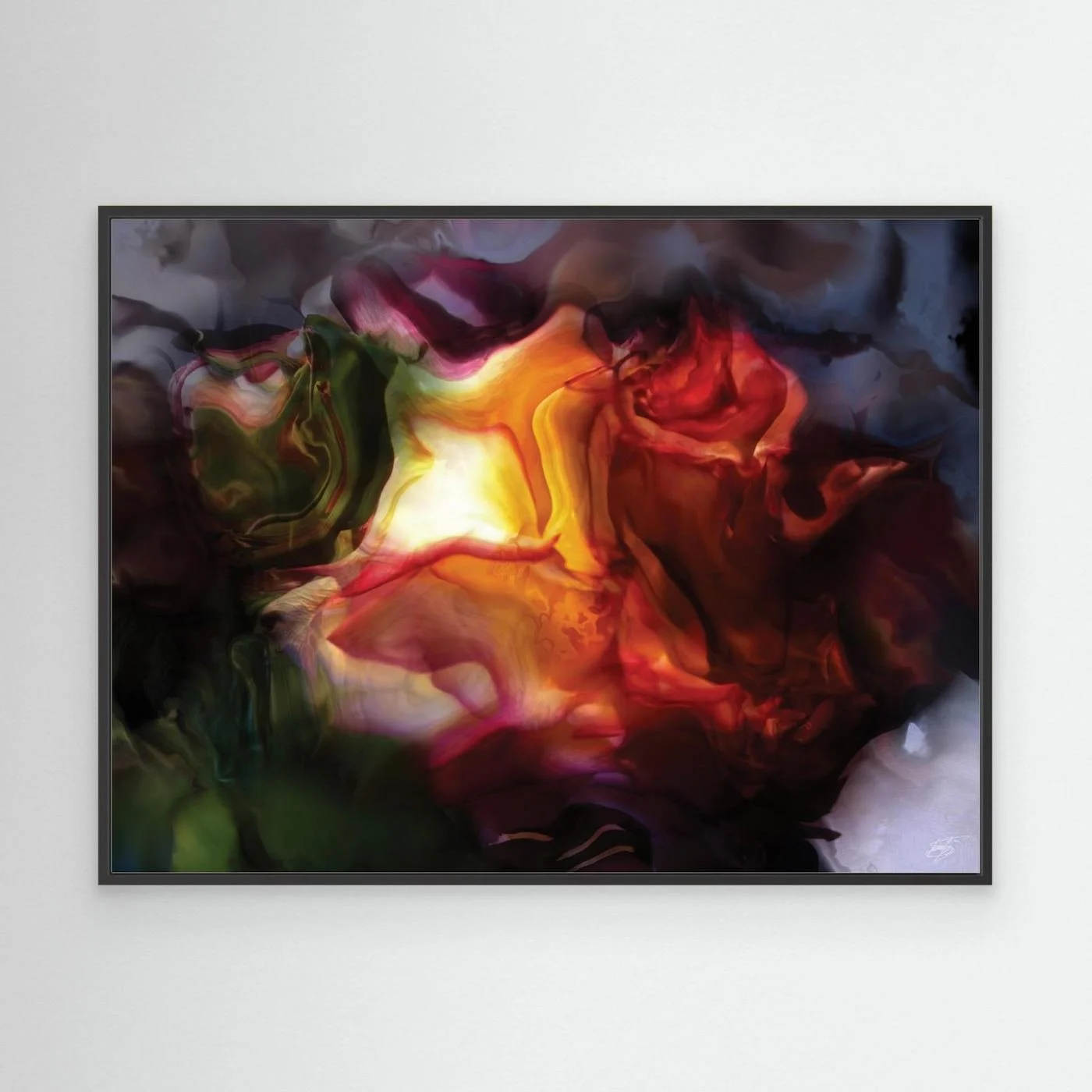 Moody abstract fine art print with a glowing translucent floral shape in fiery orange, deep red, and dark green tones surrounded by smoky textures, framed and ready to hang. With black frame