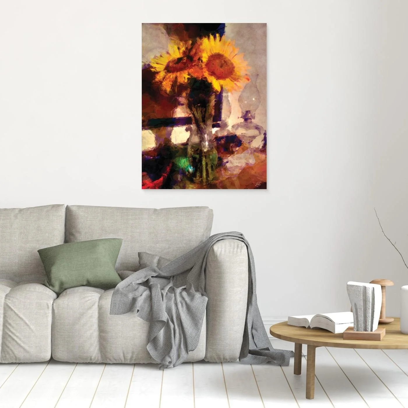 Fine art print depicting a rustic still life with vibrant yellow sunflowers in a vase next to a vintage glass kerosene lamp, featuring rich textures and warm orange and brown tones. In living room