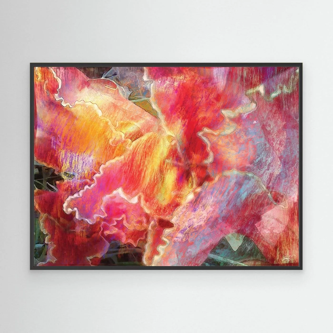 Abstract fine art print featuring fluid, textured wavy edges in vibrant coral pink, orange, and golden yellow with subtle hints of light blue, framed and ready to hang. With black frame
