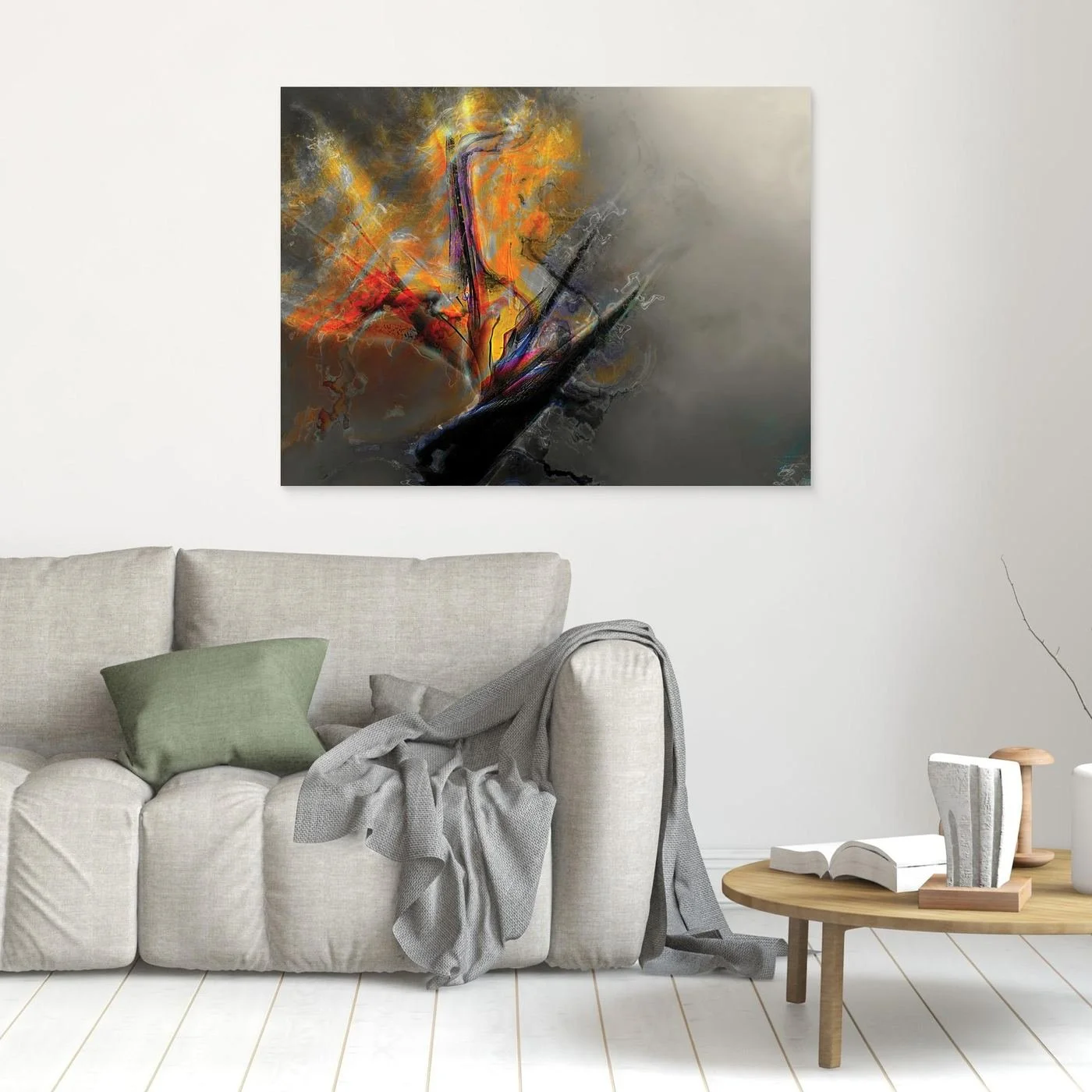 Abstract fine art print with dramatic explosion of textured orange, yellow, and red fiery shapes contrasting against a smoky gray background, framed and ready to hang. In living room