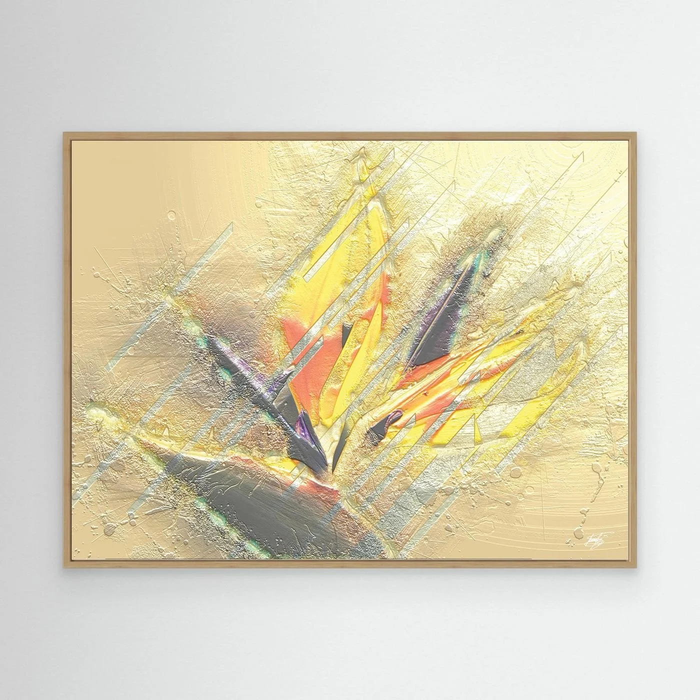 Minimalist digital art print showcasing sharp geometric shapes and textured brushstrokes in bright gold, yellow, and beige tones, framed and ready to hang. With wooden frame
