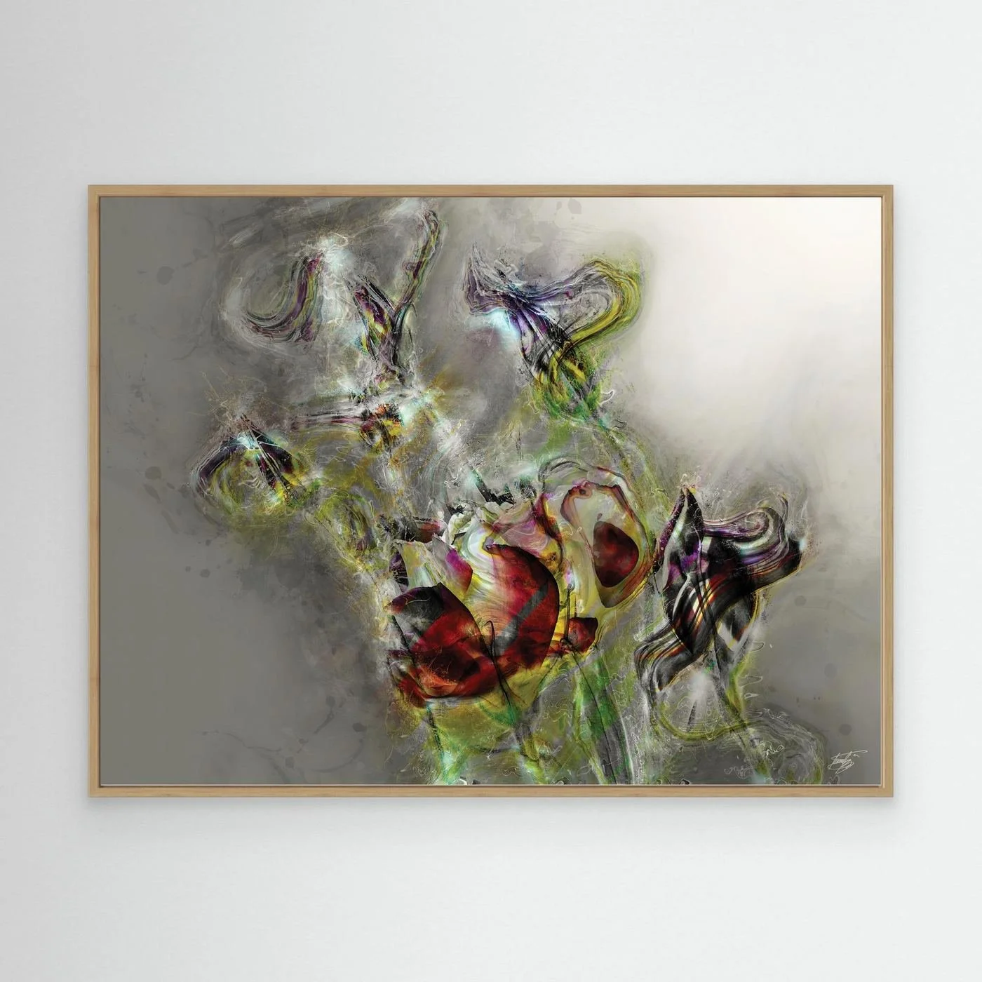 Ethereal abstract fine art print featuring highly textured glowing floral shapes in deep red and green tones against a soft grey background, framed and ready to hang. With wooden frame