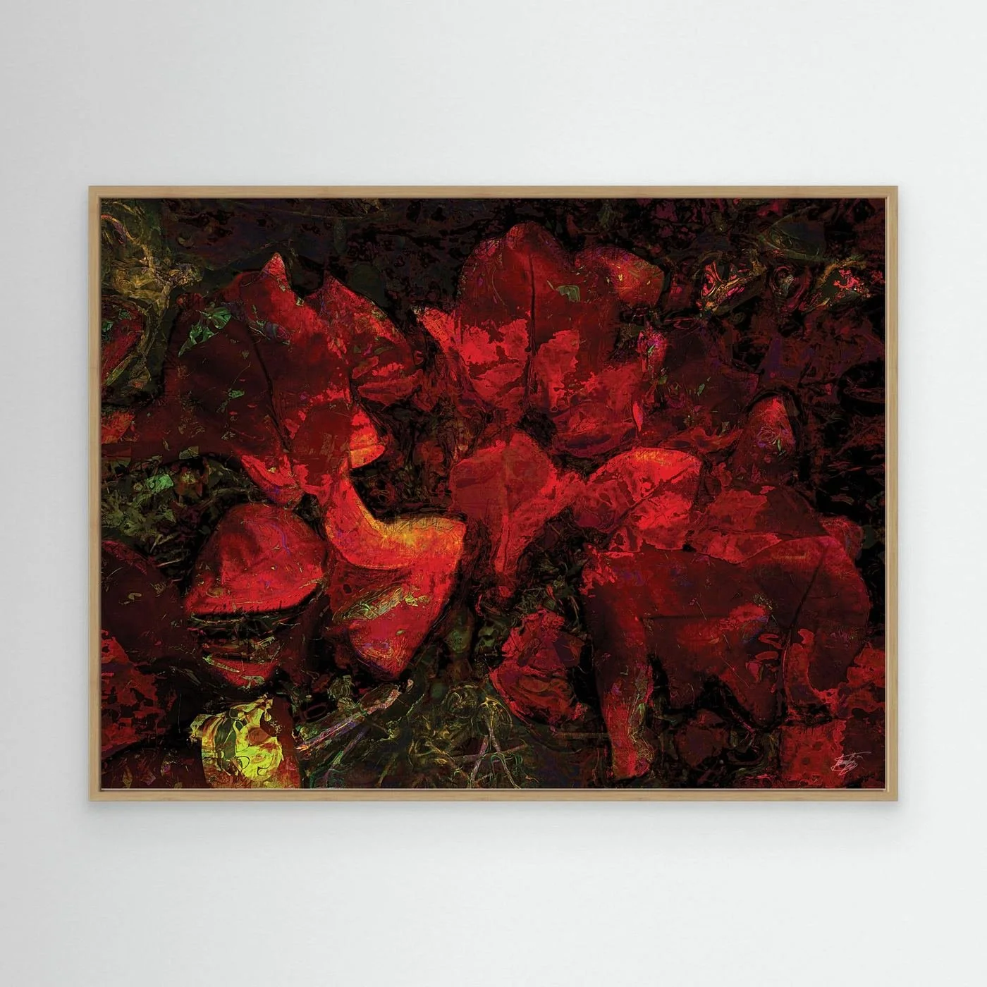 Dark abstract fine art print showcasing a dense, moody floral pattern in deep crimson red and burgundy tones against a textured black background, framed and ready to hang. With wooden frame