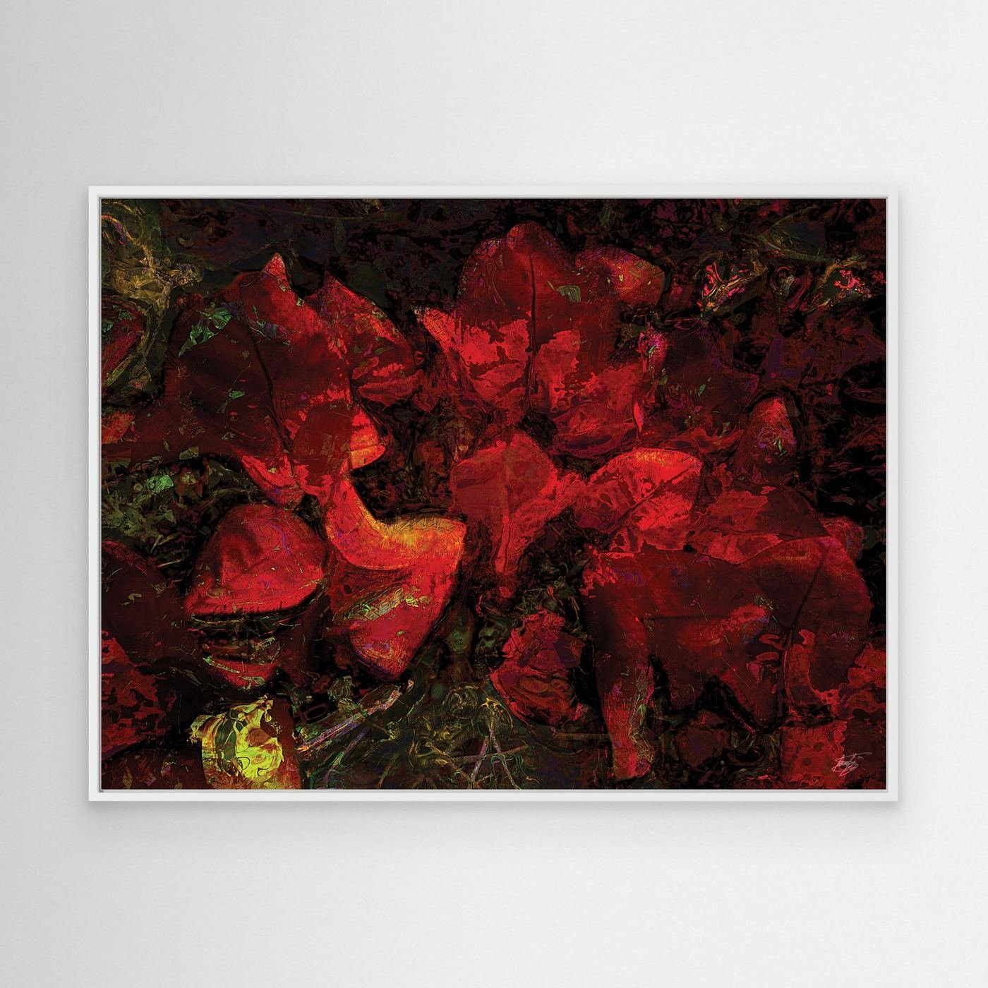 Dark abstract fine art print showcasing a dense, moody floral pattern in deep crimson red and burgundy tones against a textured black background, framed and ready to hang. With white frame